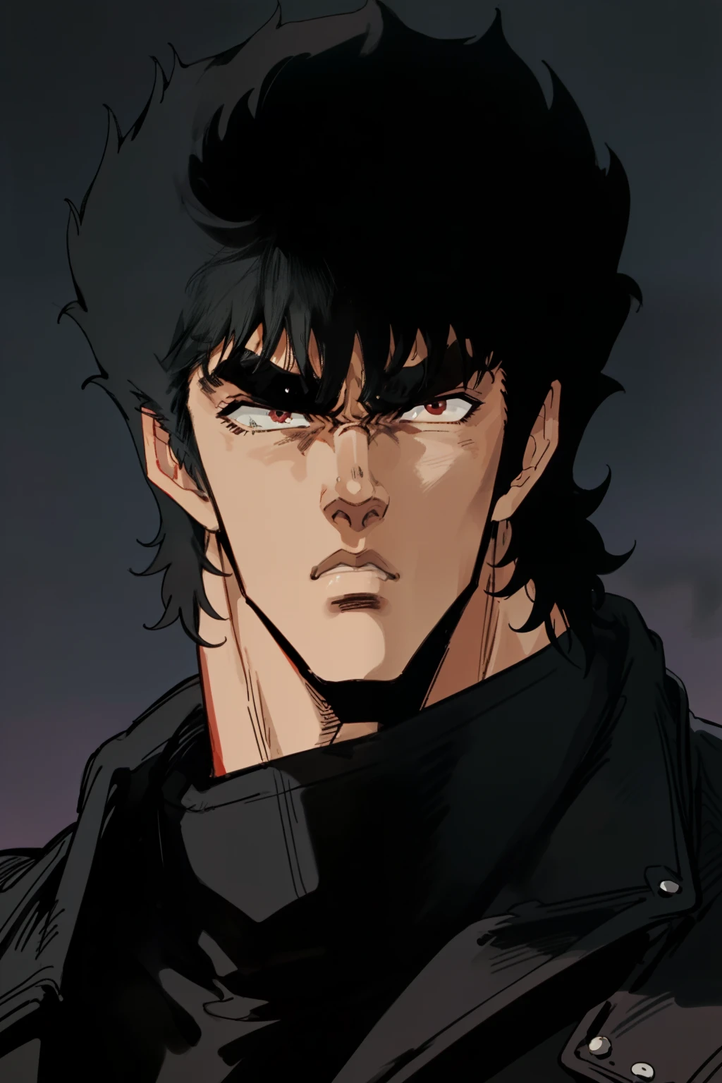 close up portrait, 1man solo muscular soldier male , black  hair, with a serious expression, wearing a black leather jacket,  looking at something, at night, HNKstyle, 80's anime,