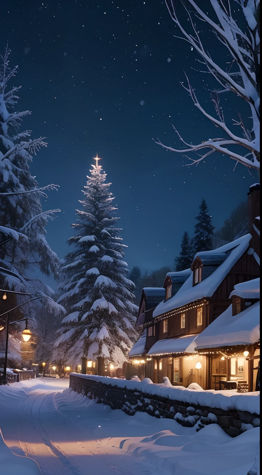 the night, quaint village, Snow hangs from trees, first person perspective