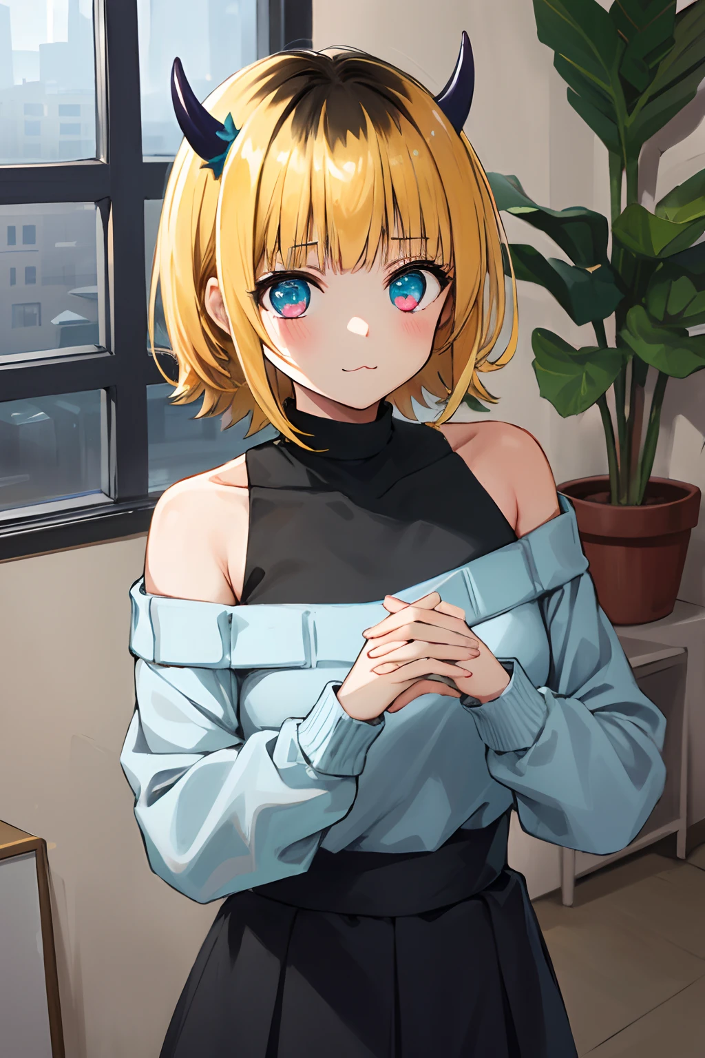 1girl in, MEMcho, Blonde hair, Blue eyes, Blunt bangs, Demon Horns, fake horns, Horns, Short hair,
BREAK bare shoulders, Black skirt, (Blue sweater:1.5), Long sleeves, off shoulders, off-the-shoulder sweater, Puffy sleeves, Skirt, Sweaters, White ribbon, Standing,
Blake House, windows, drapes, houseplant,
BREAK looking at viewer,
BREAK (masutepiece:1.2), Best Quality, High resolution, Unity 8k壁纸, (Illustration:0.8), (Beautiful detailed eyes:1.6), extra detailed face, Perfect Lighting, extremely details CG, (Perfect hands, Perfect Anatomy)