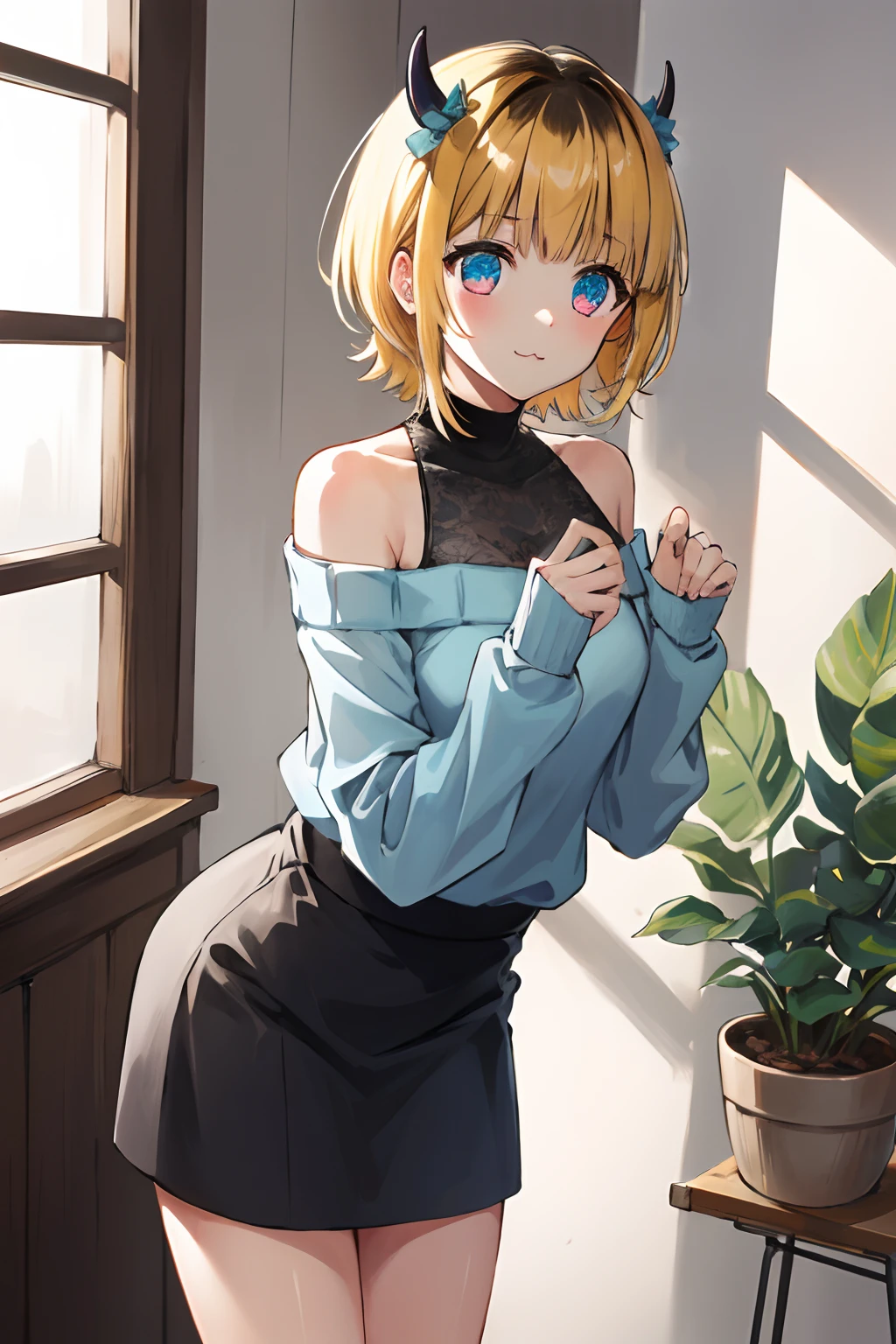 1girl in, MEMcho, Blonde hair, Blue eyes, Blunt bangs, Demon Horns, fake horns, Horns, Short hair,
BREAK bare shoulders, Black skirt, (Blue sweater:1.5), Long sleeves, off shoulders, off-the-shoulder sweater, Puffy sleeves, Skirt, Sweaters, White ribbon, Standing,
Blake House, windows, drapes, houseplant,
BREAK looking at viewer,
BREAK (masutepiece:1.2), Best Quality, High resolution, Unity 8k壁纸, (Illustration:0.8), (Beautiful detailed eyes:1.6), extra detailed face, Perfect Lighting, extremely details CG, (Perfect hands, Perfect Anatomy)