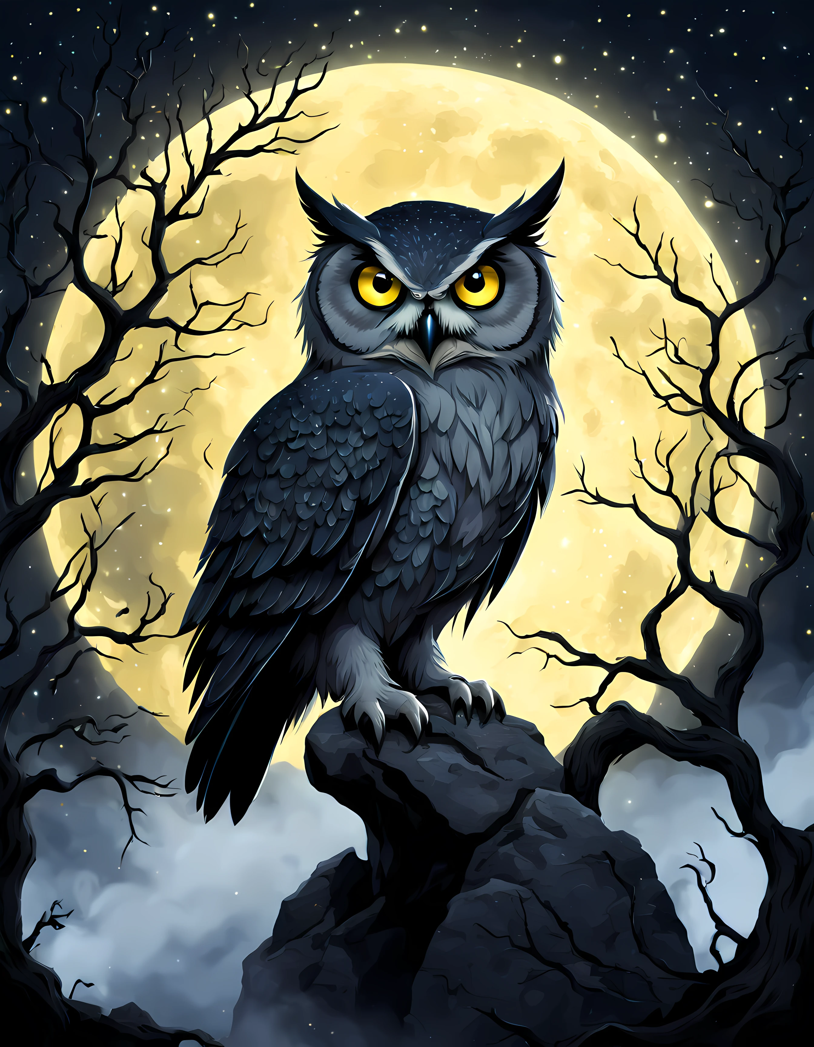 Cute Cartoon,CuteCartoonAF, a beautiful eerie illustration of an (ominous) giant owl, sitting (on a rock), big yellow eyes, amidst (magical mist), shiny, huge moon behind, breathtaking starry night, professional, (twisted branches), (elegant frame:1.4), black roses