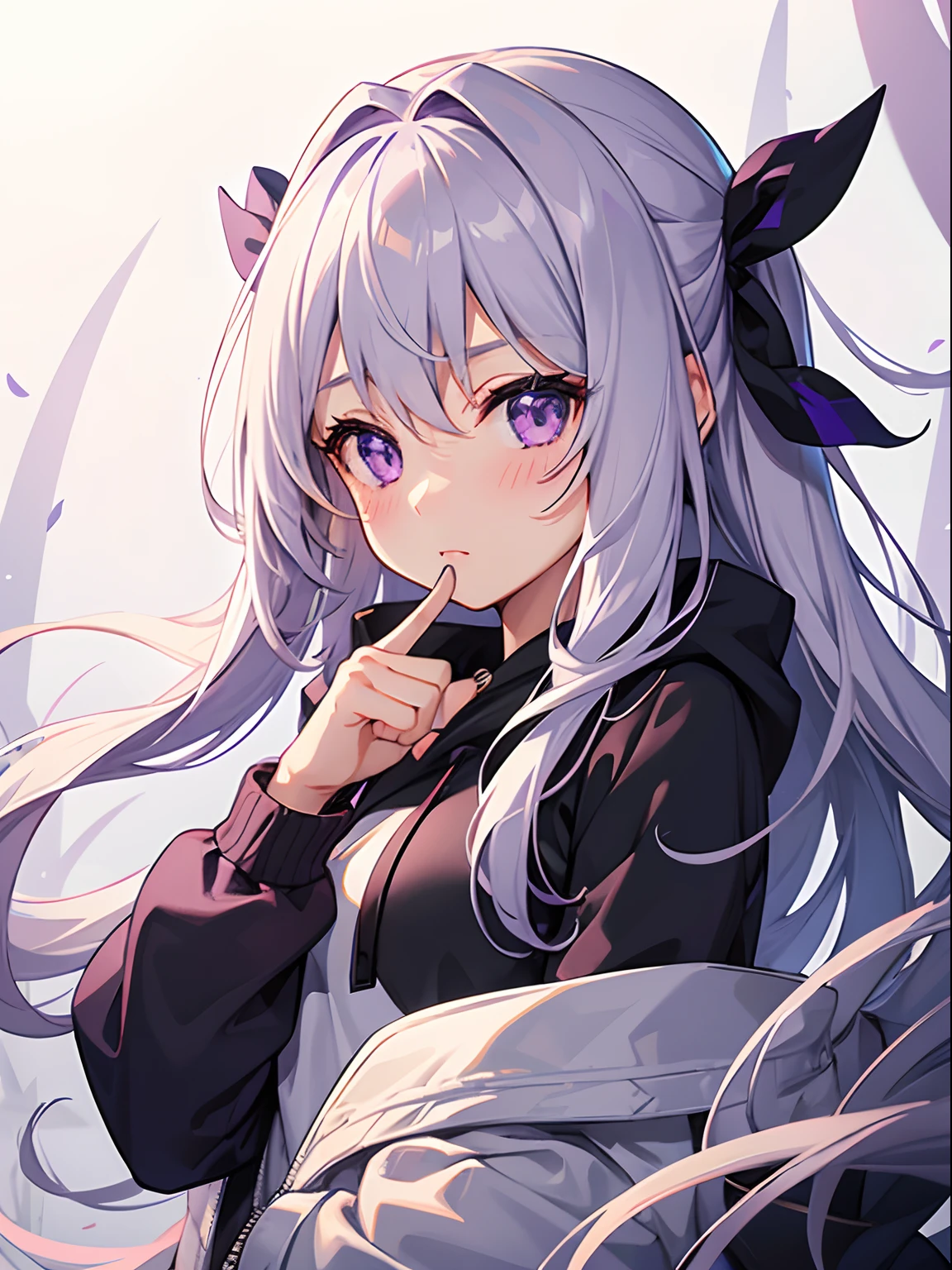 1girl , Silver medium hair, purple eyes, cute, blush, medium breasts, oversize hoodie