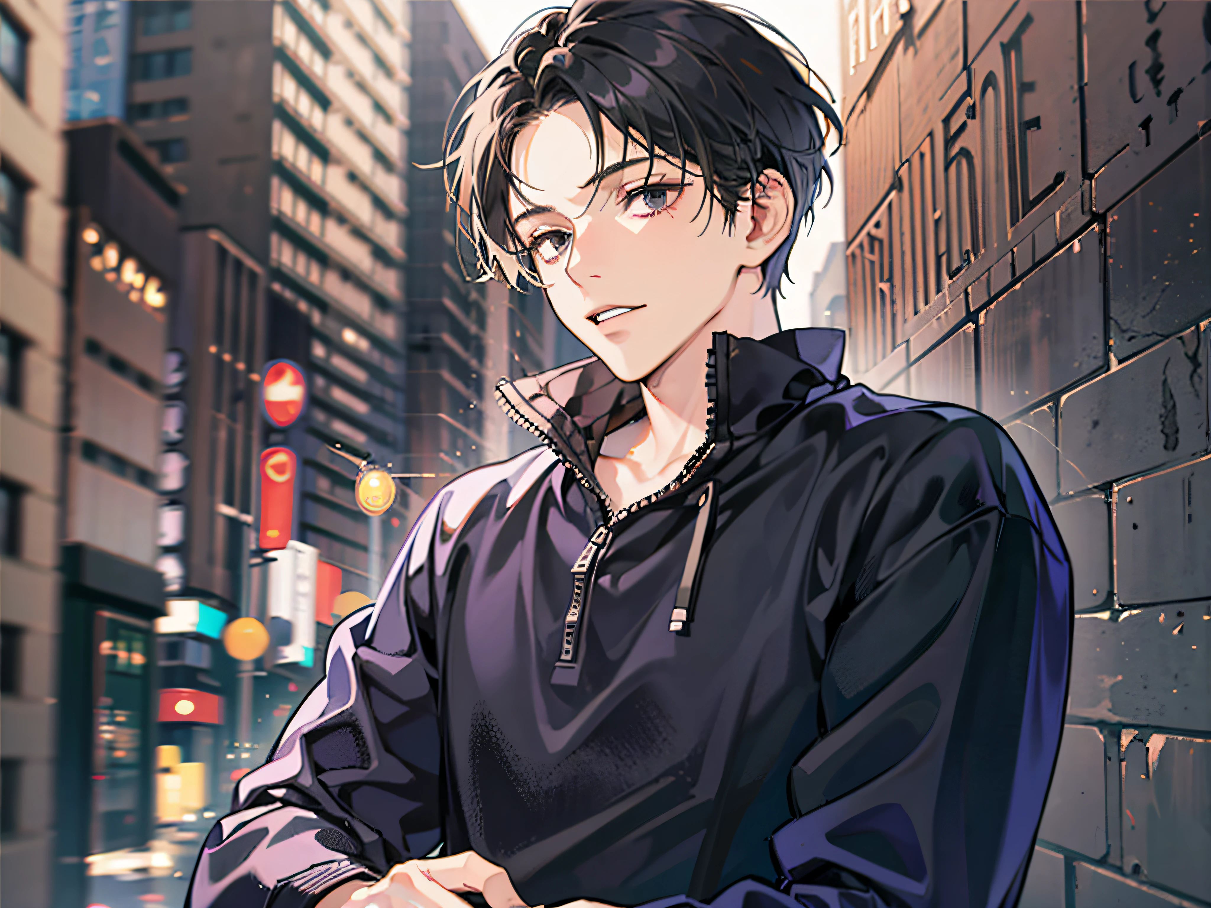 masutepiece, Detailed picture,Single male,late 20s age, The upper part of the body, A dark-haired, Black eyes, gloom, Wearing a sweatshirt, The background is the city