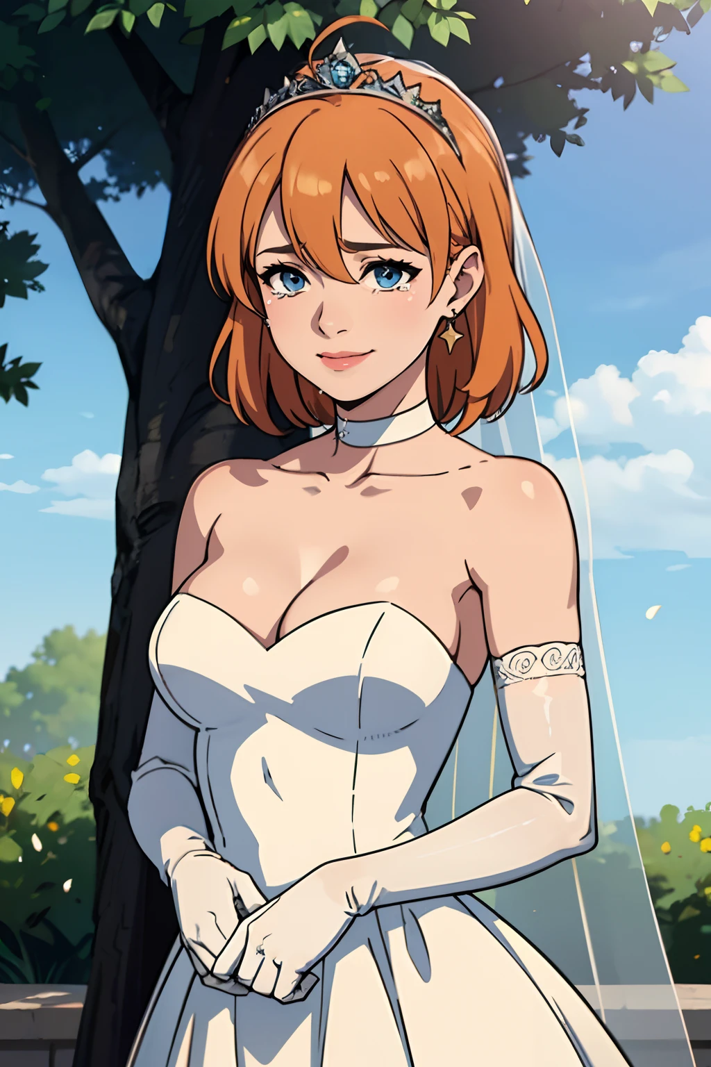 annette_war, hair between eyes, ahoge, orange hair, star \(symbol\), hair ornament, dress, cleavage, bare shoulders, collarbone, long white elbow gloves, white gloves, white dress, white choker, strapless, tiara, veil, strapless dress, wedding dress, bridal veil, beautiful woman, perfect body, perfect breasts, wearing a wedding dress, ball gown, in the park trees, wedding decorations, smiling, crying tears of joy, realism, masterpiece, textured skin, super detail, high detail, high quality, best quality, 1080p, 16k