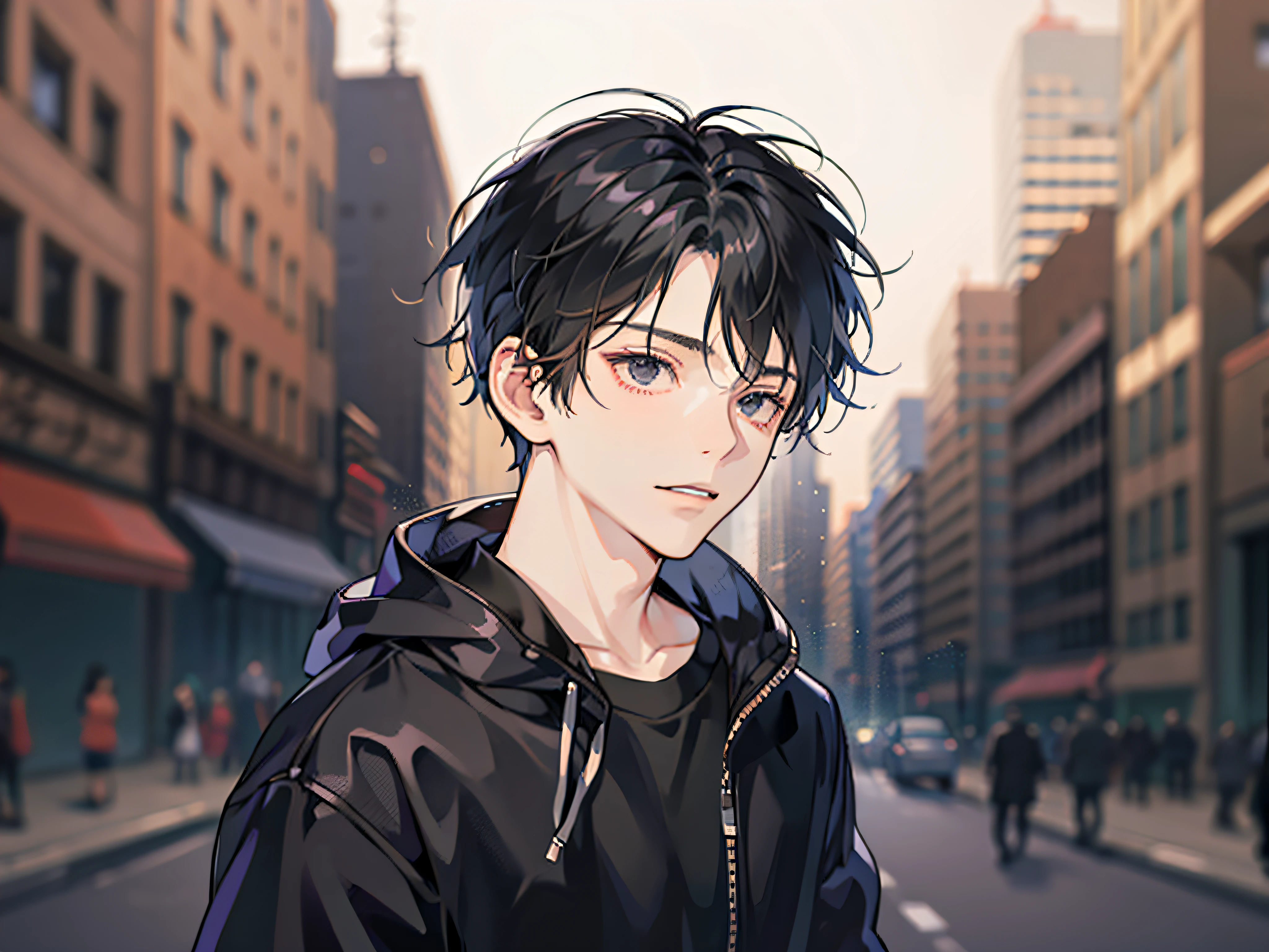 masutepiece, Detailed picture,Single male,late 20s age, The upper part of the body, A dark-haired, Black eyes, gloom, Wearing a sweatshirt, The background is the city