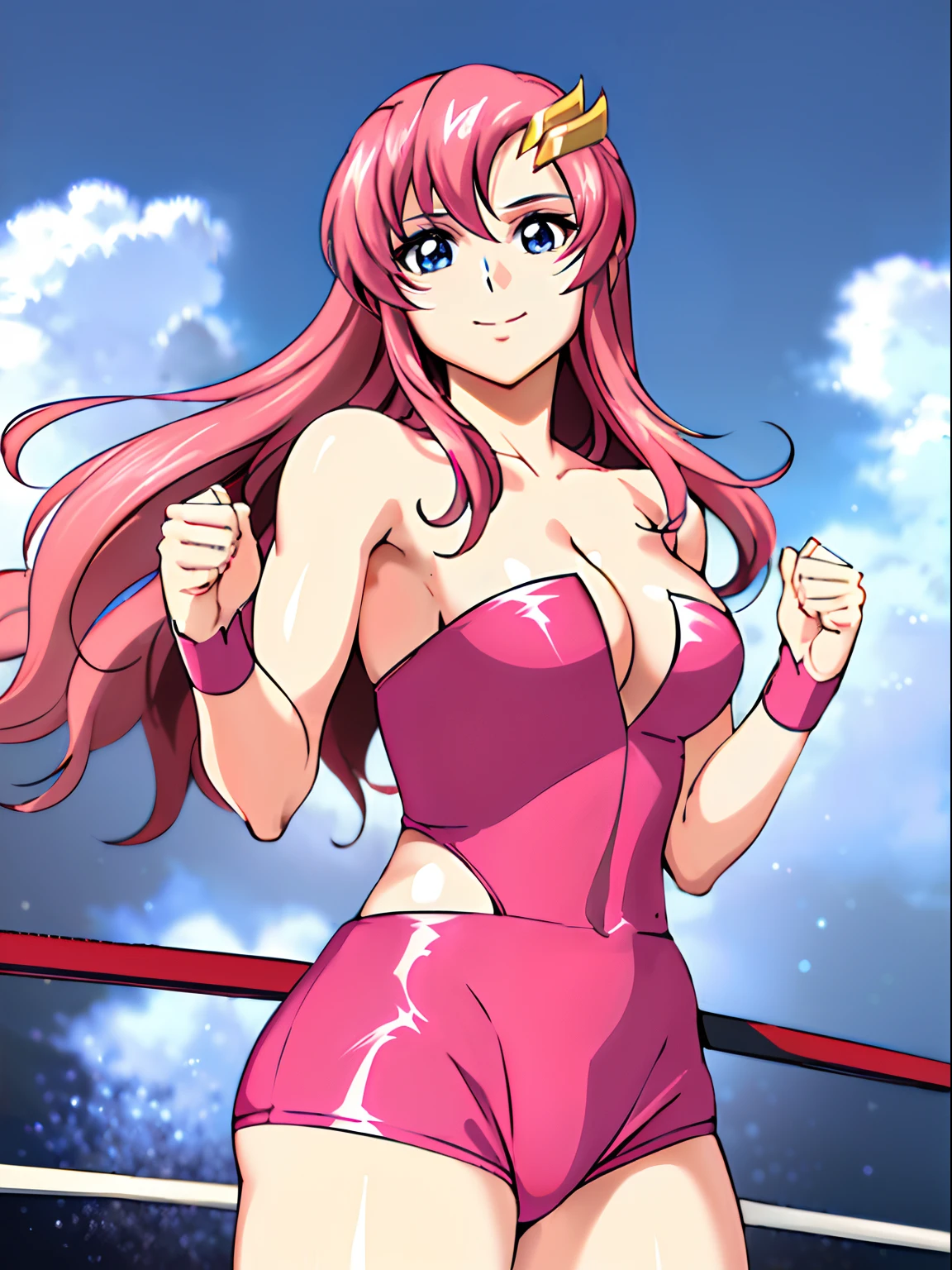 (((pink strapless wrestling outfit))), (masterpiece, standing , 4K, Best Quality, Anime style: 1.9,, Adult Woman, ultra detailed face, (cloud background, wrestling), Drawing lines, high resolution, Anime, lacus4), 1girl, Solo, curvy figure, Long hair, 鎖骨, scapular, (Detailed wide hair bangs, Hair Ornament, Detailed reddish-pink hair, golden crest), cleavage, large hands, (pro female wrestler). (Big blue eyes, shiny eyes), ((female wrestler, little biceps, slender body, broad shoulders, closed fists, closed mouth)), ((perfect proportions, medium breasts, cleavage, long belly)), (((mini pink wrestling outfit))),( looking at the viewer, gentle, smile),