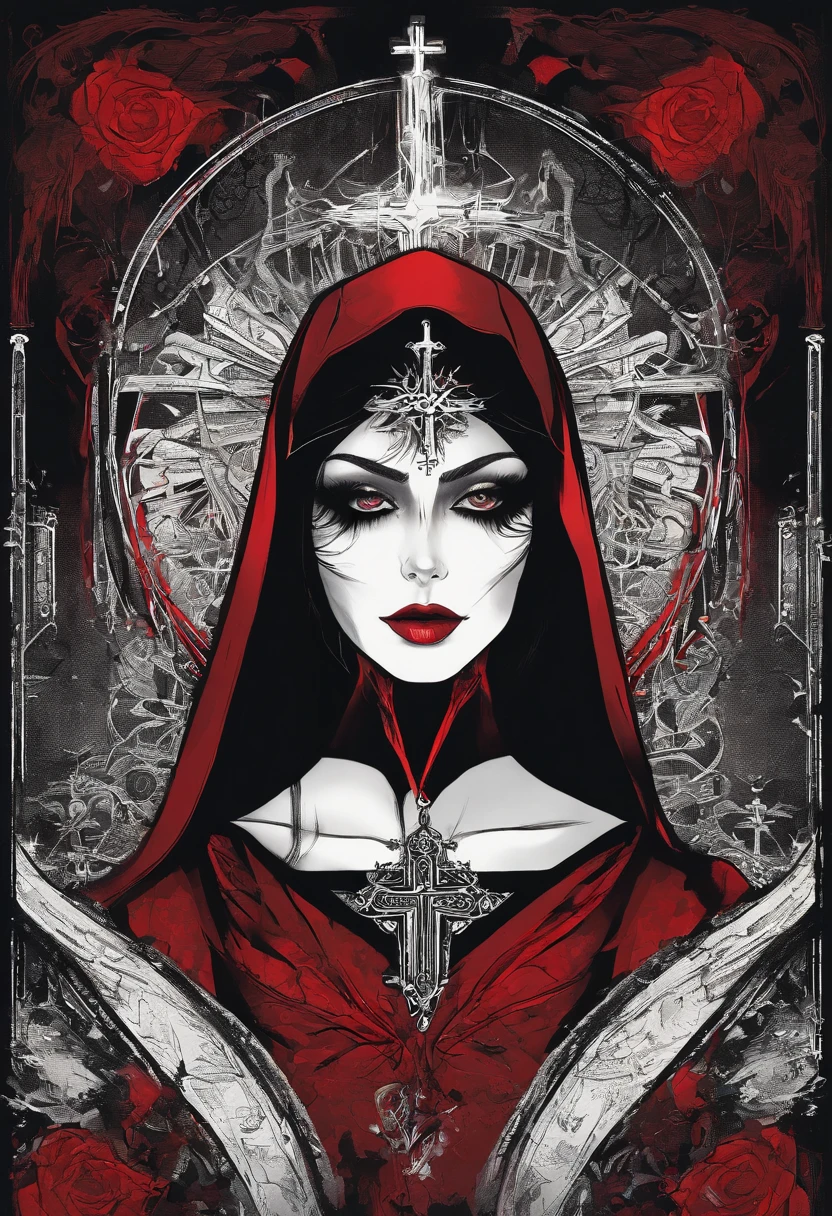 (sexy gothic demonic nun), dark, mysterious, enchanting, hauntingly beautiful, (detailed facial features, piercing eyes, dark red lips), black flowing robes, cross necklace, sensual, alluring pose, (candlelit backdrop, ominous atmosphere), (best quality, highres, ultra-detailed), (gothic art, oil painting, dark fantasy), (dramatic lighting, shadows, ethereal glow), (black and red color scheme, intense contrast), (beautifully composed, intricate details), (evokes a sense of desire and forbidden allure).
