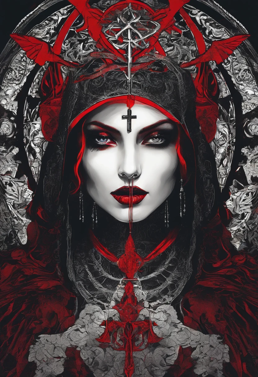 (sexy gothic demon nun), Dark, mysterious, Charming, hauntingly beautiful, (detailed facial features, piercing eyes, Dark red lips), black flowing robes, Cross necklace, sensual, seductive pose, (Candlelight background, ominous atmosphere), (Best quality, a high resolution, ultra detailed), (gothic art, oil painting, Dark fantasy), (dramatic lighting, shadows, Ethereal Radiance), (Black and red color scheme, Intense Contrast), (beautifully composed, complex parts), (evokes a feeling of desire and forbidden fascination).