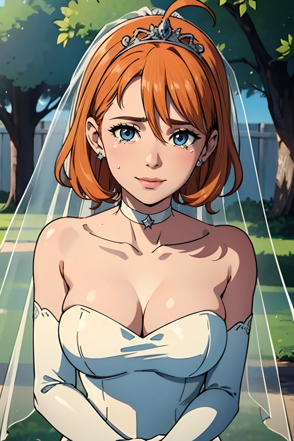 annette_war, hair between eyes, ahoge, orange hair, star \(symbol\), hair ornament, dress, cleavage, bare shoulders, collarbone, long white elbow gloves, white gloves, white dress, white choker, strapless, tiara, veil, strapless dress, wedding dress, bridal veil, beautiful woman, perfect body, perfect breasts, wearing a wedding dress, ball gown, in the park trees, wedding decorations, smiling, crying tears of joy, realism, masterpiece, textured skin, super detail, high detail, high quality, best quality, 1080p, 16k