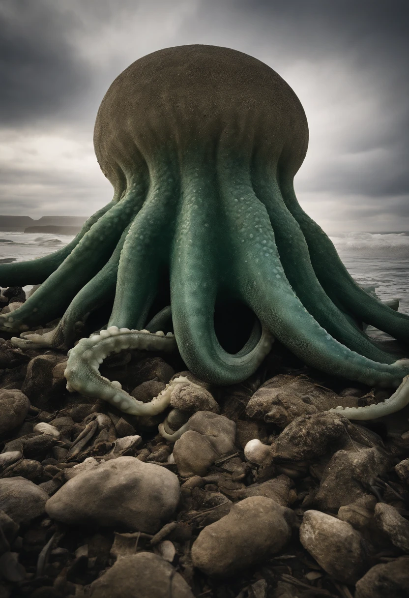 Octopus shape Variant forms Boundless deep sea Nuclear waste accumulation Dull blue-green hues Polluted waters Ecological balance on the edge of collapse Unnatural color contrast Man-made disaster reminders Texture of diseased tumors Skin hair removal and peeling Abandoned marine life Critical survival challenges Slow death process Strong visual impact Tension-laden silence Rethinking the consequences of actions Fading afterglow of a nuclear explosion Strange biomorphology Broken connections between living things Dissatisfaction with human impact
