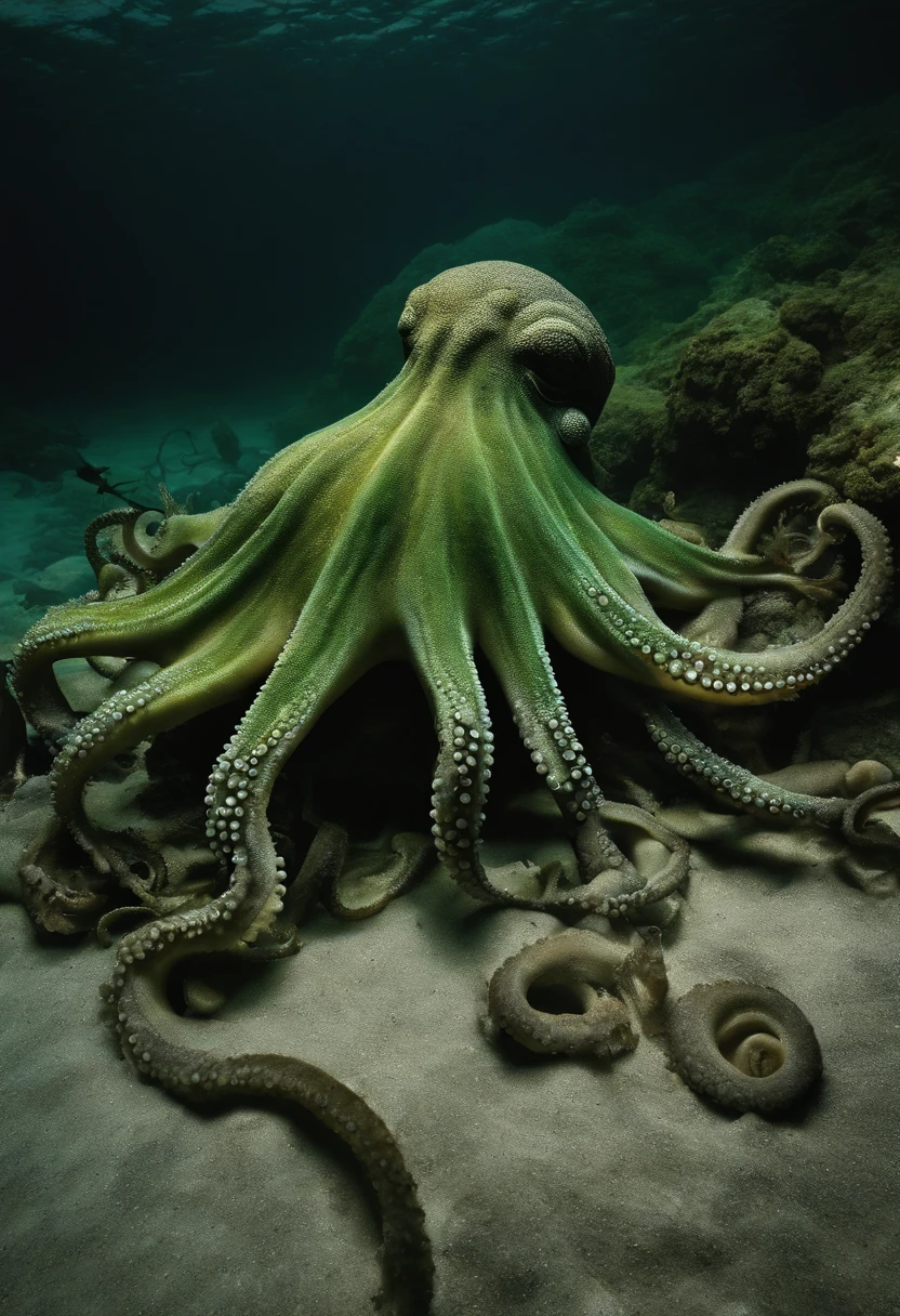 Octopus shape Variant forms Boundless deep sea Nuclear waste accumulation Dull blue-green hues Polluted waters Ecological balance on the edge of collapse Unnatural color contrast Man-made disaster reminders Texture of diseased tumors Skin hair removal and peeling Abandoned marine life Critical survival challenges Slow death process Strong visual impact Tension-laden silence Rethinking the consequences of actions Fading afterglow of a nuclear explosion Strange biomorphology Broken connections between living things Dissatisfaction with human impact