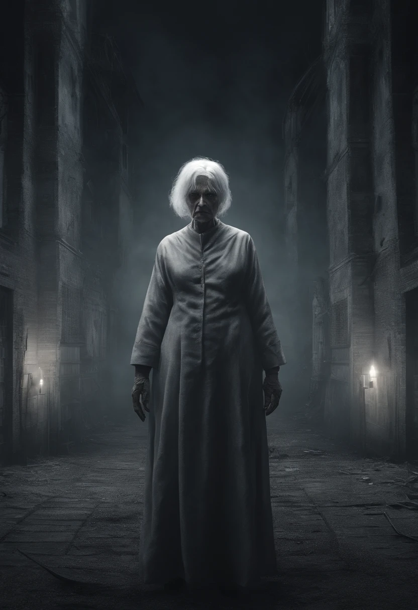 create a 4K animation character, She's a white-haired grandmother, environ 60 ans, Visage pas vraiment effrayant et arriere plan sombre ruelle avec quelques lanternes, ray tracing