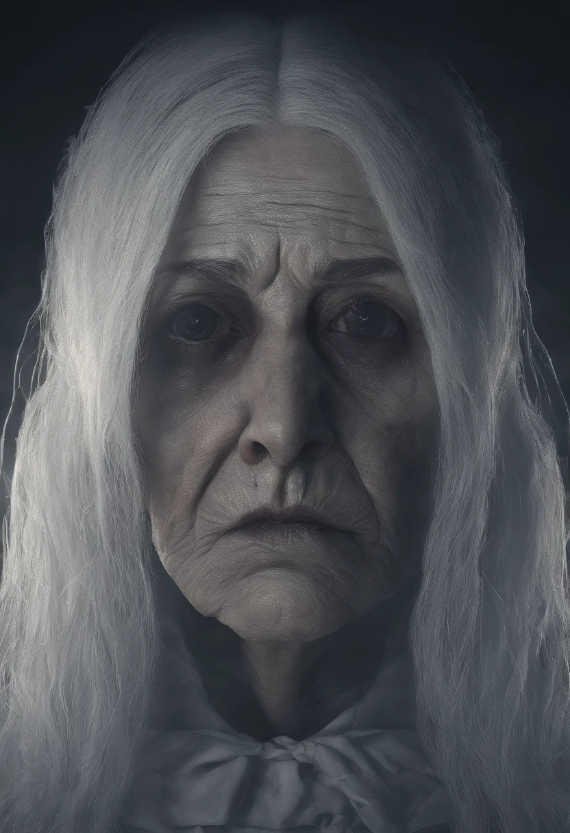 make some 4K animation character, she's a grandma with white hair, around 60 years old, not to really creepy face and mysterious background vibes