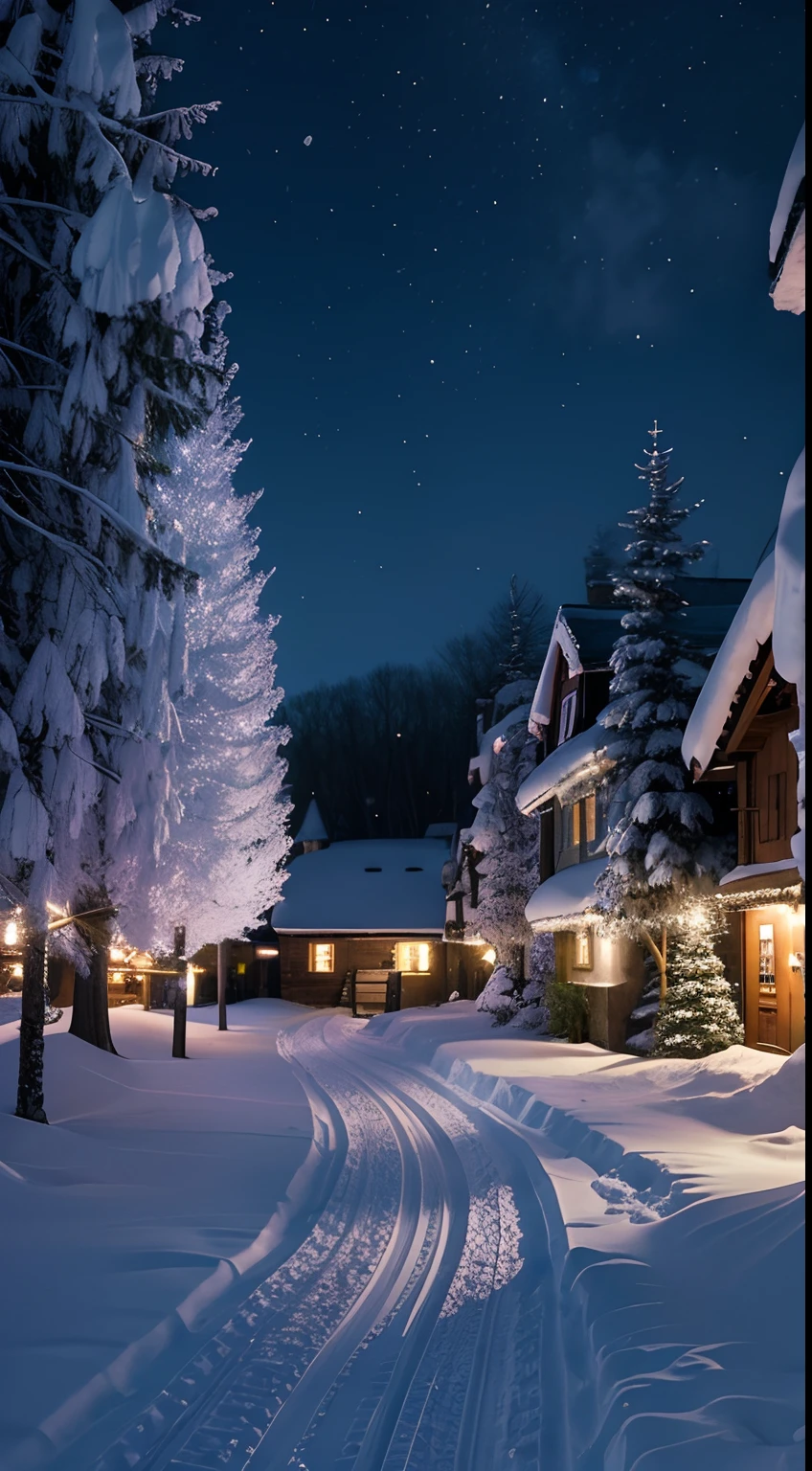 the night, quaint village, Snow hangs from trees, first person perspective