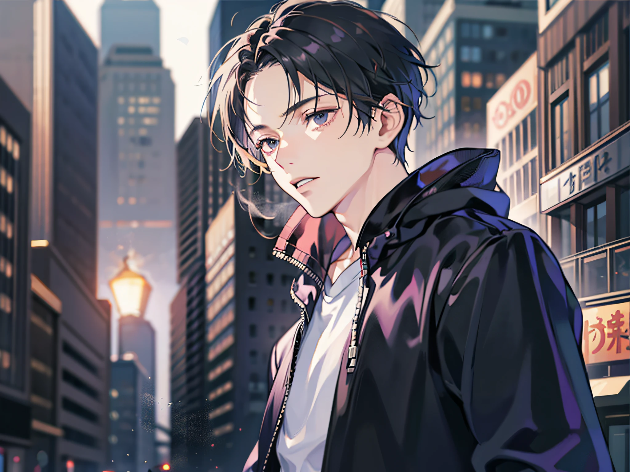 masutepiece, Detailed picture,Single male,late 20s age, The upper part of the body, A dark-haired, Black eyes, gloom, Dynamic Angle,Wearing a sweatshirt, The background is the city