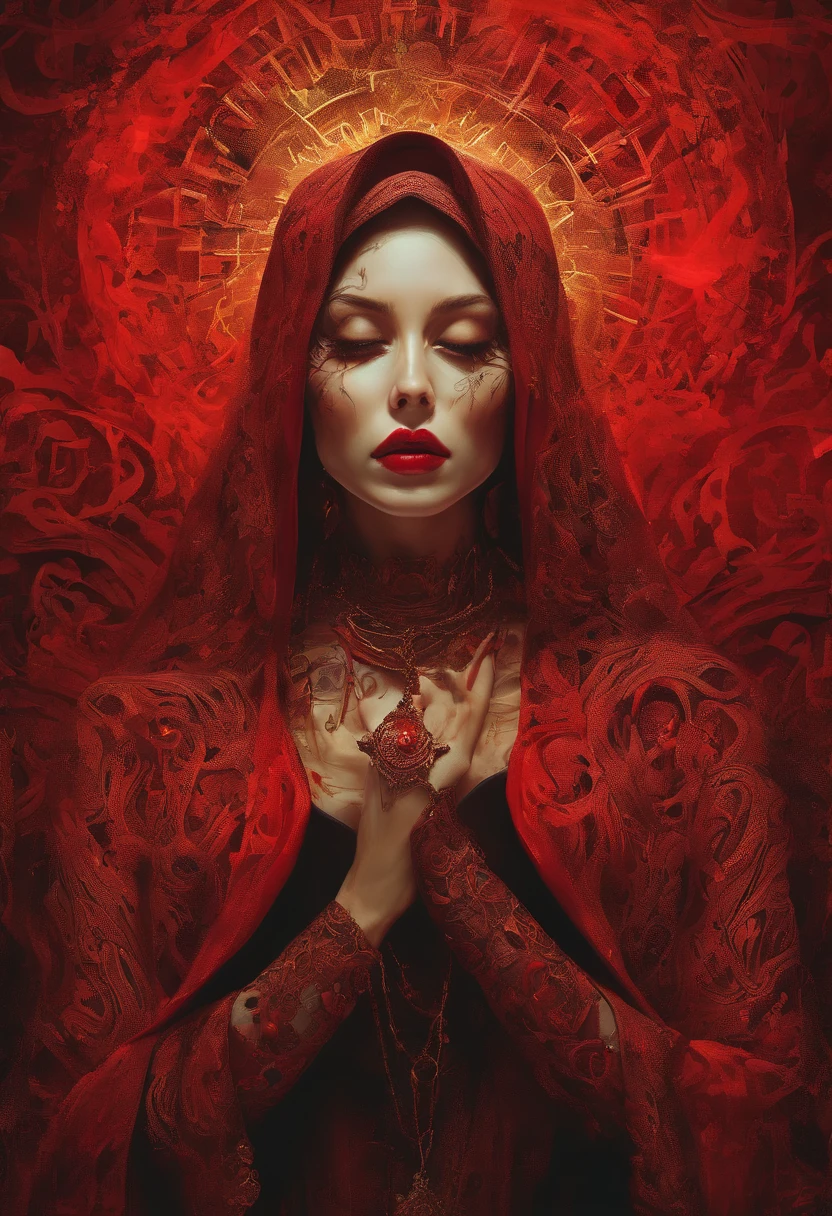 (sexy gothic demonic nun), dark, mysterious, enchanting, hauntingly beautiful, (detailed facial features, piercing eyes, dark red lips), black flowing robes, cross necklace, sensual, alluring pose, (candlelit backdrop, ominous atmosphere), (best quality, highres, ultra-detailed), (gothic art, oil painting, dark fantasy), (dramatic lighting, shadows, ethereal glow), (black and red color scheme, intense contrast), (beautifully composed, intricate details), (evokes a sense of desire and forbidden allure).