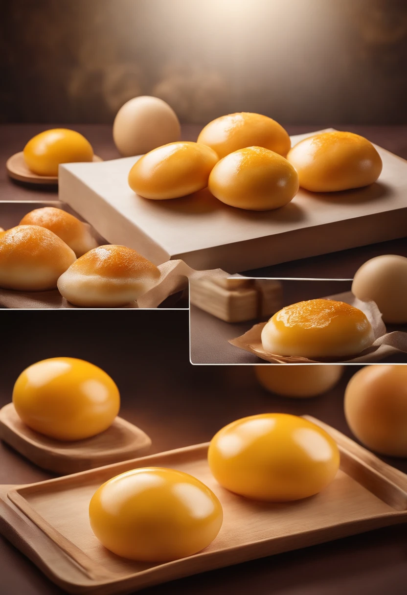 Commercial shooting, Cantonese egg yolk buns, buns size, poster for, Fresh style background, elegant, Booth lighting, Attractive, photorealistic colors, Ultra HD