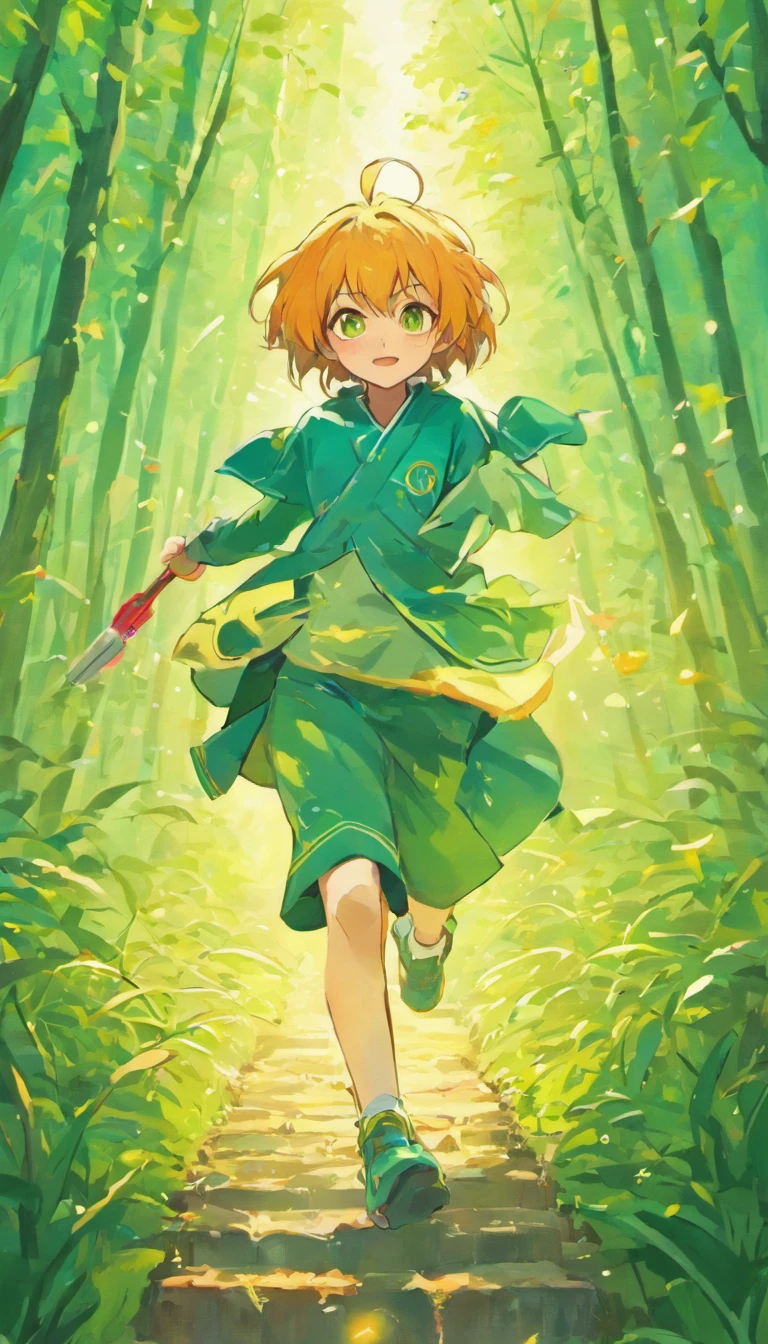 Poster design,(sfw),Running boy,Spring outing,cheerfulness,Carrying branches,The background is forest,house,Perfect quality,Clear focus,extremely colorful,s the perfect face,Complicated details,ultra-low perspective,wide wide shot