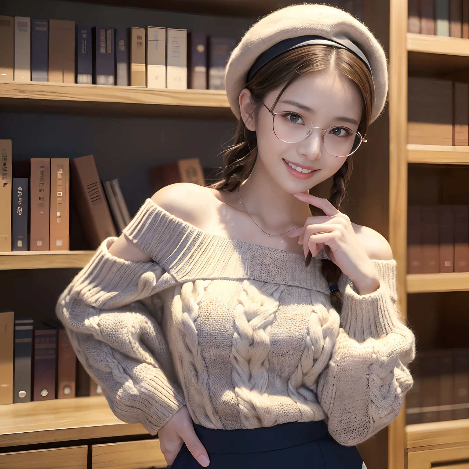 (One High School Girl,japanes,Pill glasses,Stand in the library,Looking at the camera、Stand next to a bookshelf,Brown Beret,Tied hair,Braided shorthair,short braided hair,Elegant round glasses,The cutest face,Knitwear with exposed shoulders,off-shoulder knit,Chunky warm knitwear,off-shoulder knit,Elegant tight skirt with diamond pattern,a lot of diamond-shaped skirts,,,,Elegant fabric tight skirt,amazing black and brown skirt with a diamond-shaped pattern,,,,Emphasize body lines,Literary girl,View here,Fair skin,Natural light with warm tones,Shooting from the knee up,Library bookshelf on background,See the perfect camera here,Clean teeth,perfect teeth,White teeth,finerly detailed face,Quality and beautiful face,Clear and beautiful face,Perfect gas chamber,Perfect fingers,Perfect hands,Accurate 5 fingers))Top image quality,in 8K、professional photograpy,Realistic quality,
