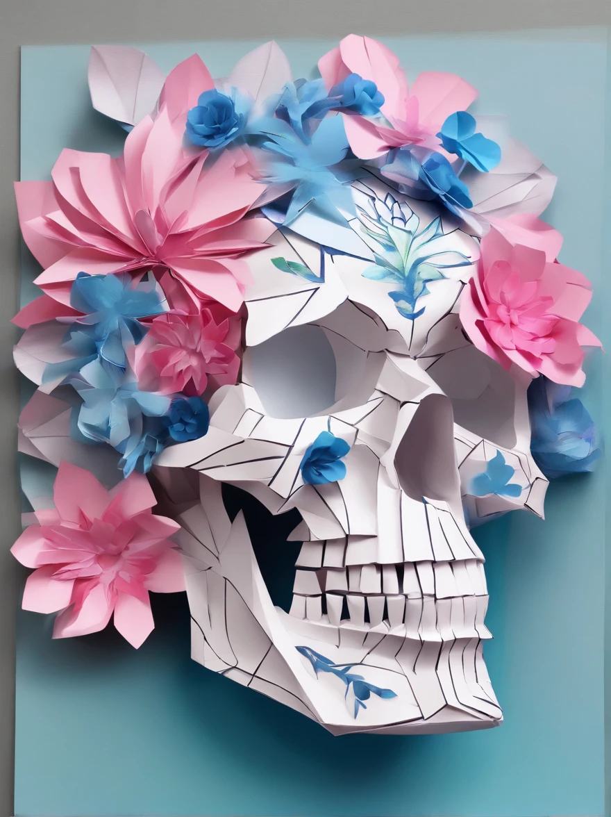 (Close-up of skull wearing pink flower headdress and blue painting),Artistically,Caricature,a whimsical illustration,pastel art,Rock art,Exaggeration, rolling waves,Cartoon,anime big breast,kawaii,Feather work, --AR 3:4 --V 5.2 - Style original - glass