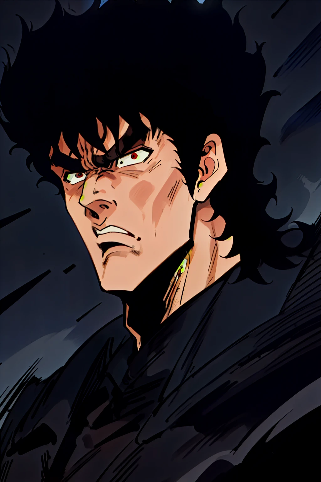 close up portrait, 1man solo muscular soldier male , black  hair, with a serious expression, aggressive, angry face,  looking at something, at night, HNKstyle, 80's anime,