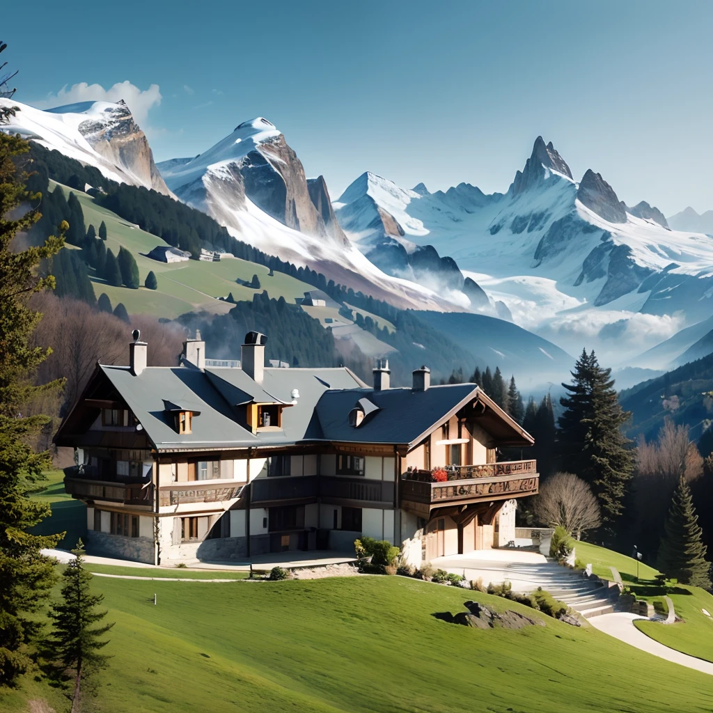 A beautiful mountaintop mansion in the Swiss Alps with racehorses and modern cars --auto --s2