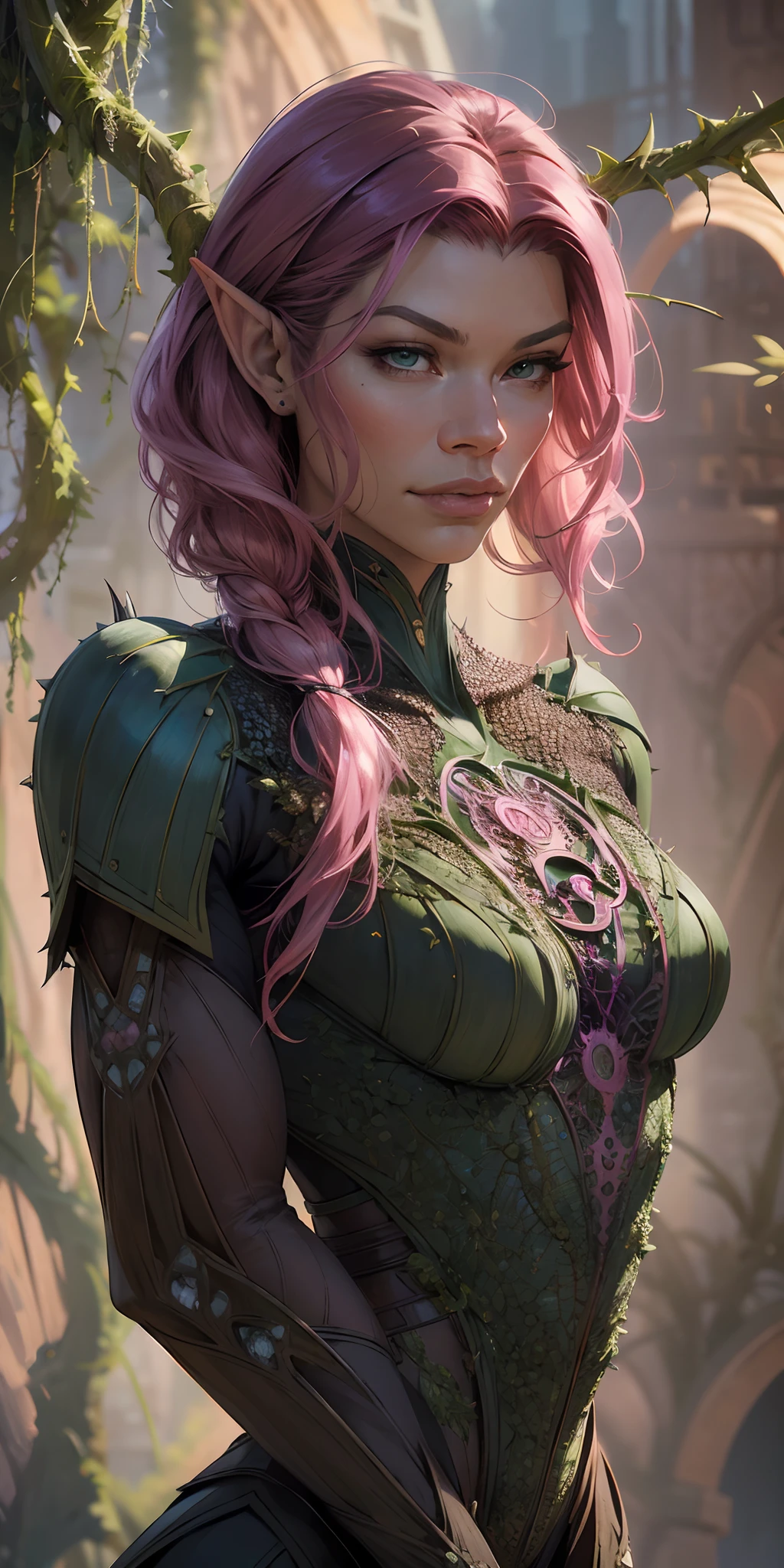 (zendaya:Evangeline Lilly) [woman:Plant:15], (masterpiece:1.4, best quality), (intricate details), unity 8k wallpaper, ultra detailed, beautiful and aesthetic, (surrealism:1.4), affinity for plants, can control their growth, shape, and even communicate with them, manipulate their thorns and vines, command them to perform specific tasks, long hair, pink hair, pointy ears