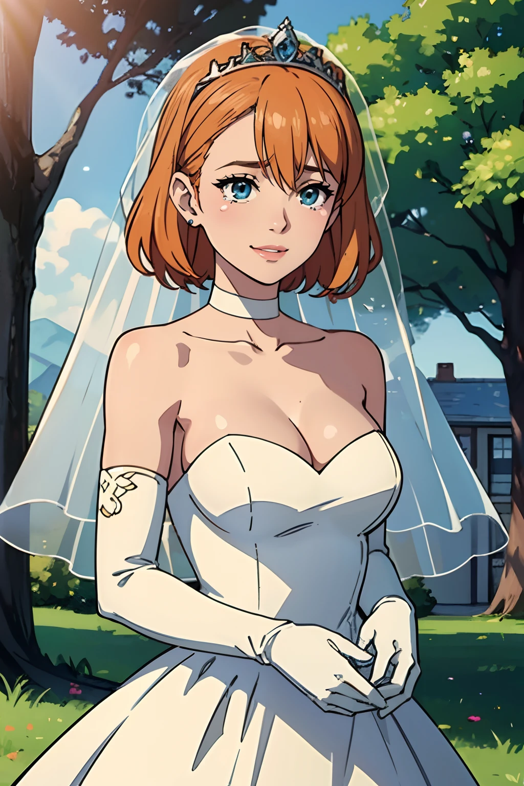 annette_war, hair between eyes, ahoge, orange hair, star \(symbol\), hair ornament, dress, cleavage, bare shoulders, collarbone, long white elbow gloves, white gloves, white dress, white choker, strapless, tiara, veil, strapless dress, wedding dress, bridal veil, beautiful woman, perfect body, perfect breasts, wearing a wedding dress, ball gown, in the park trees, wedding decorations, smiling, crying tears of joy, realism, masterpiece, textured skin, super detail, high detail, high quality, best quality, 1080p, 16k