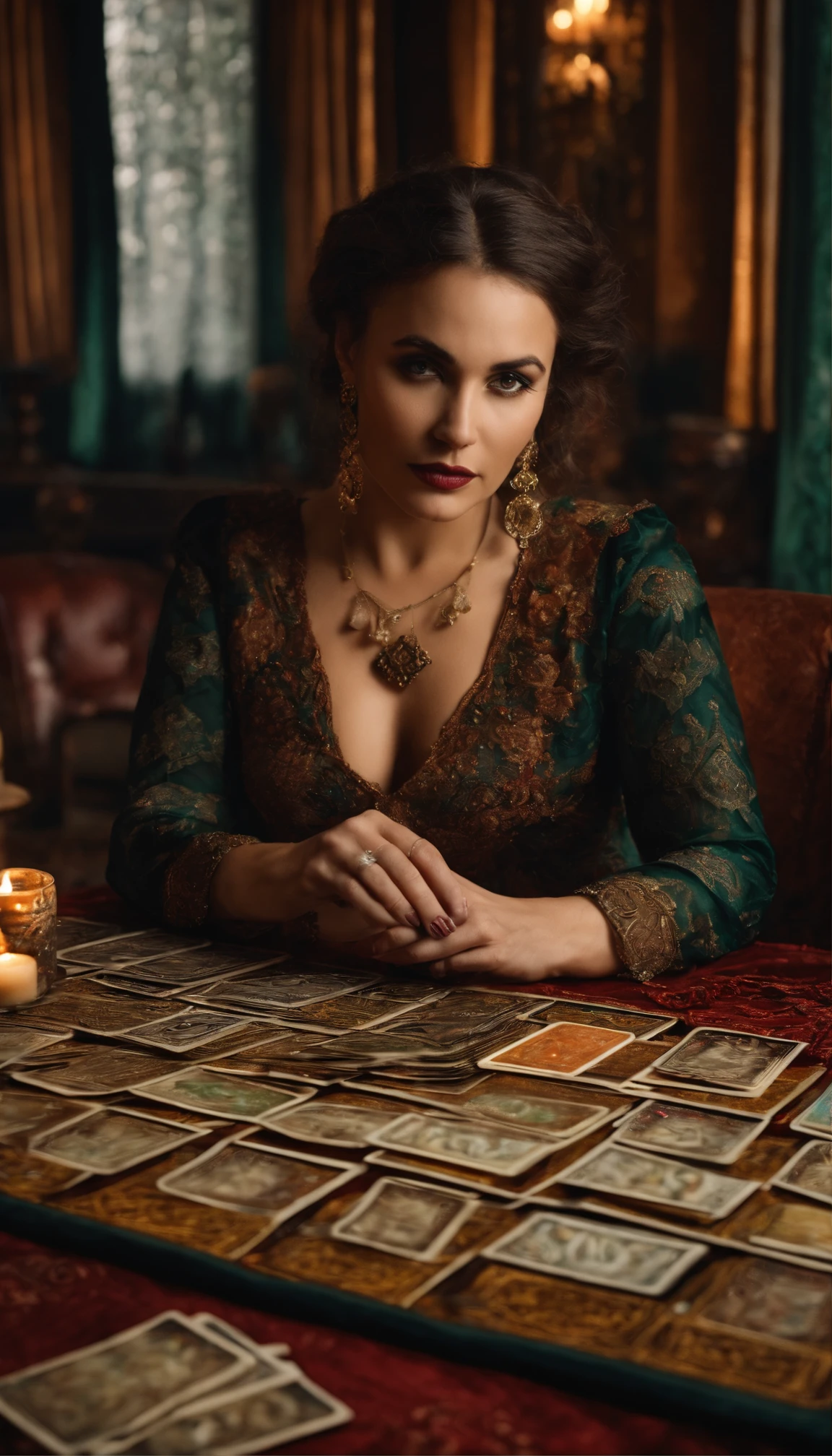 A woman sitting looking at the camera and tarot cards on the table