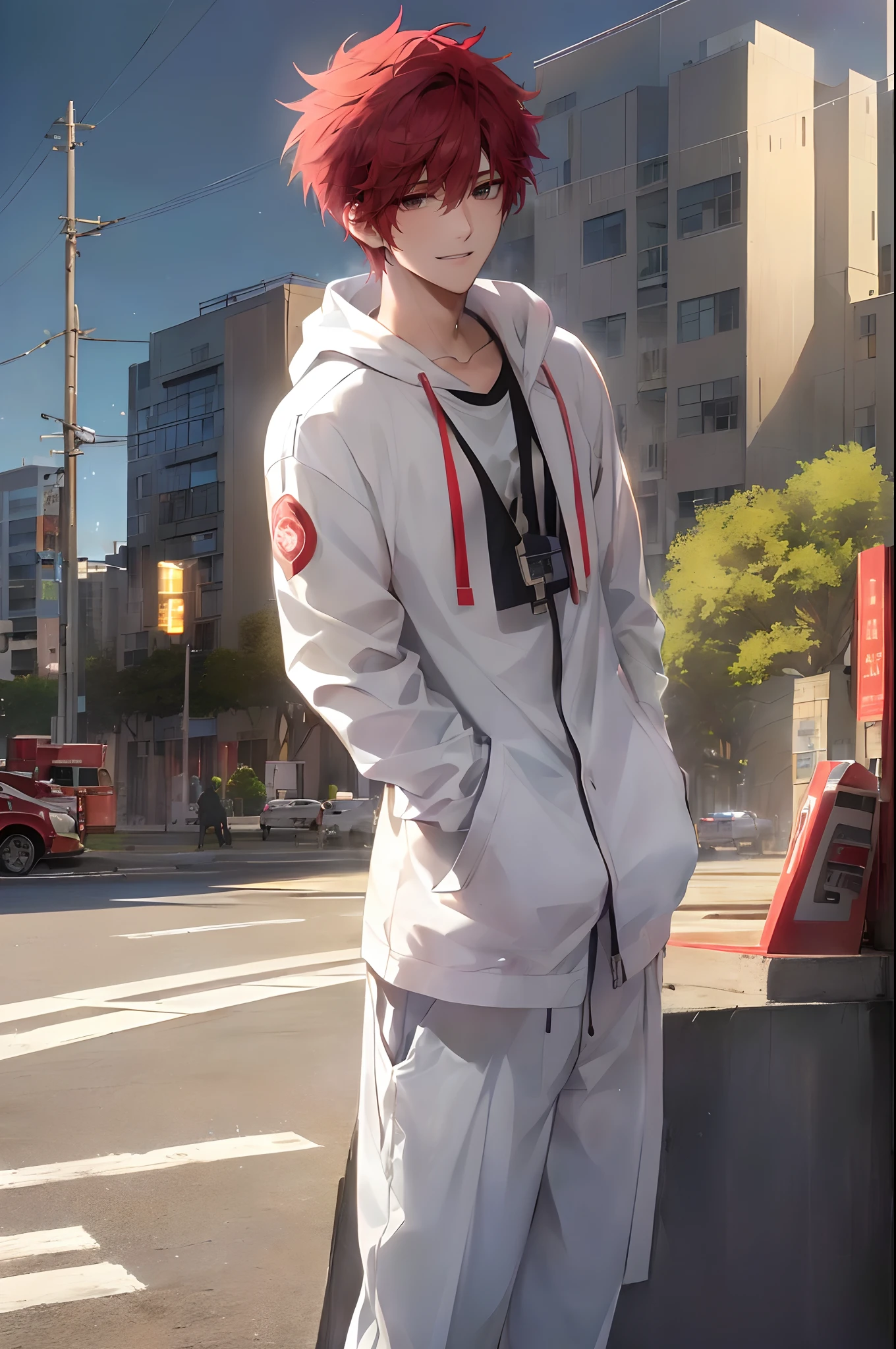 (4K works))、masterpiece、(top-quality)、((Evening city))、((In front of the main gate of the workplace))、((In front of the main gate of the building))、View of the sunset、Korean Male、Adult male、((Adult male 26 years old))、((Face similar to Hyun Jin))、Cool Men、tall、((Gentle smile))、((Strong eyes))、((Wearing a black T-shirt and a white hooded jacket、Wearing long white pants))、((smaller face))、Slim body、((hooligan))、((Bright red short-haired punk hairstyle))、((Black eyes))、((shot from front))、((Shot alone))、((Solo Photography))、((He came to pick me up))、((He stands in front of the main gate of the building))