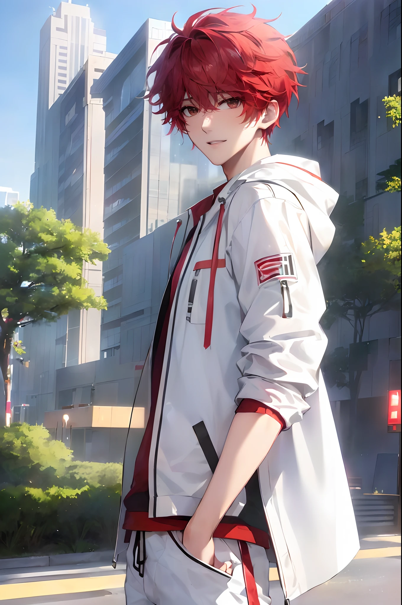 (4K works))、masterpiece、(top-quality)、((Evening city))、((In front of the main gate of the workplace))、((In front of the main gate of the building))、View of the sunset、Korean Male、Adult male、((Adult male 26 years old))、((Face similar to Hyun Jin))、Cool Men、tall、((Gentle smile))、((Strong eyes))、((Wearing a black T-shirt and a white hooded jacket、Wearing long white pants))、((smaller face))、Slim body、((hooligan))、((Bright red short-haired punk hairstyle))、((Black eyes))、((shot from front))、((Shot alone))、((Solo Photography))、((He came to pick me up))、((He stands in front of the main gate of the building))