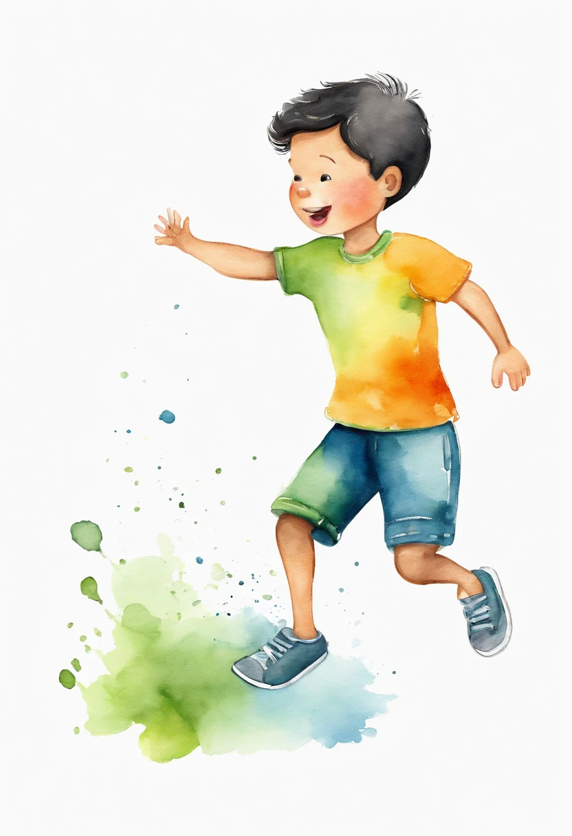 Boy, 5 years old, children's book illustration style, jumping, jumping in profile, jumping in the air, simple, cute, white background, bright colors, short black hair, light skin, blue shirt, green shorts, black sneakers, Doug drawing style