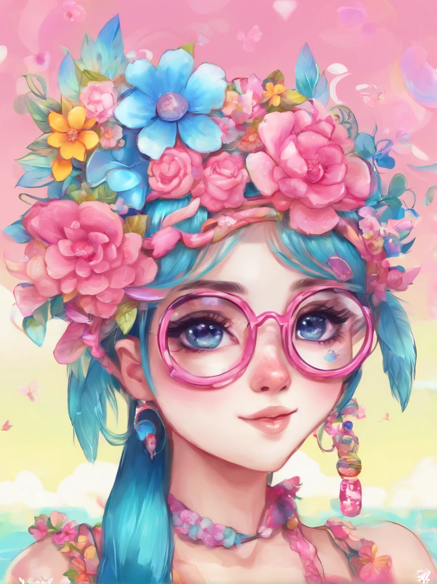 (Close-up of skull wearing pink flower headdress and blue painting),Artistically,Caricature,a whimsical illustration,pastel art,Rock art,Exaggeration, rolling waves,Cartoon,anime big breast,kawaii,Feather work, --AR 3:4 --V 5.2 - Style original - glass
