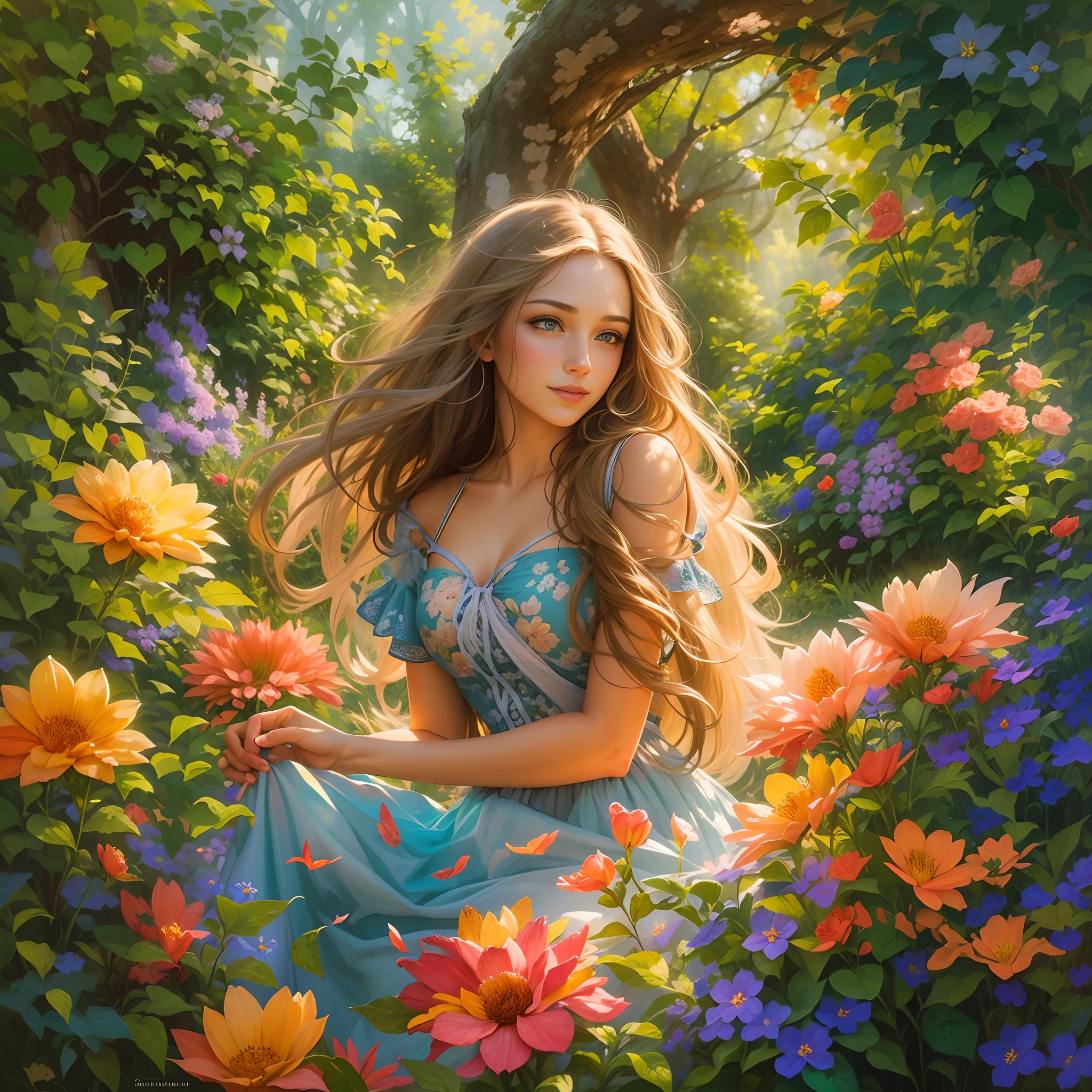 A beautiful girl in a vibrant garden, surrounded by blooming flowers and lush greenery. The girl has long flowing hair, captivating blue eyes, and a charming smile. She is wearing a flowing summer dress, adorned with intricate floral patterns. The sunlight illuminates her face, creating a soft glow and casting delicate shadows. The scene is captured in a stunning oil painting style, with rich brushstrokes and vibrant colors. The artwork is of the highest quality, displaying ultra-detailed features and realistic textures. The colors are vivid and saturated, enhancing the vibrant atmosphere of the garden. The lighting is carefully orchestrated, with warm sunlight filtering through the leaves, creating a magical ambience.