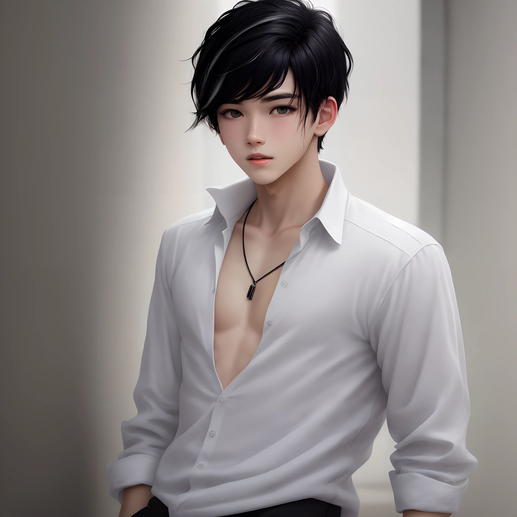 Boy with slicked black hair and white streak