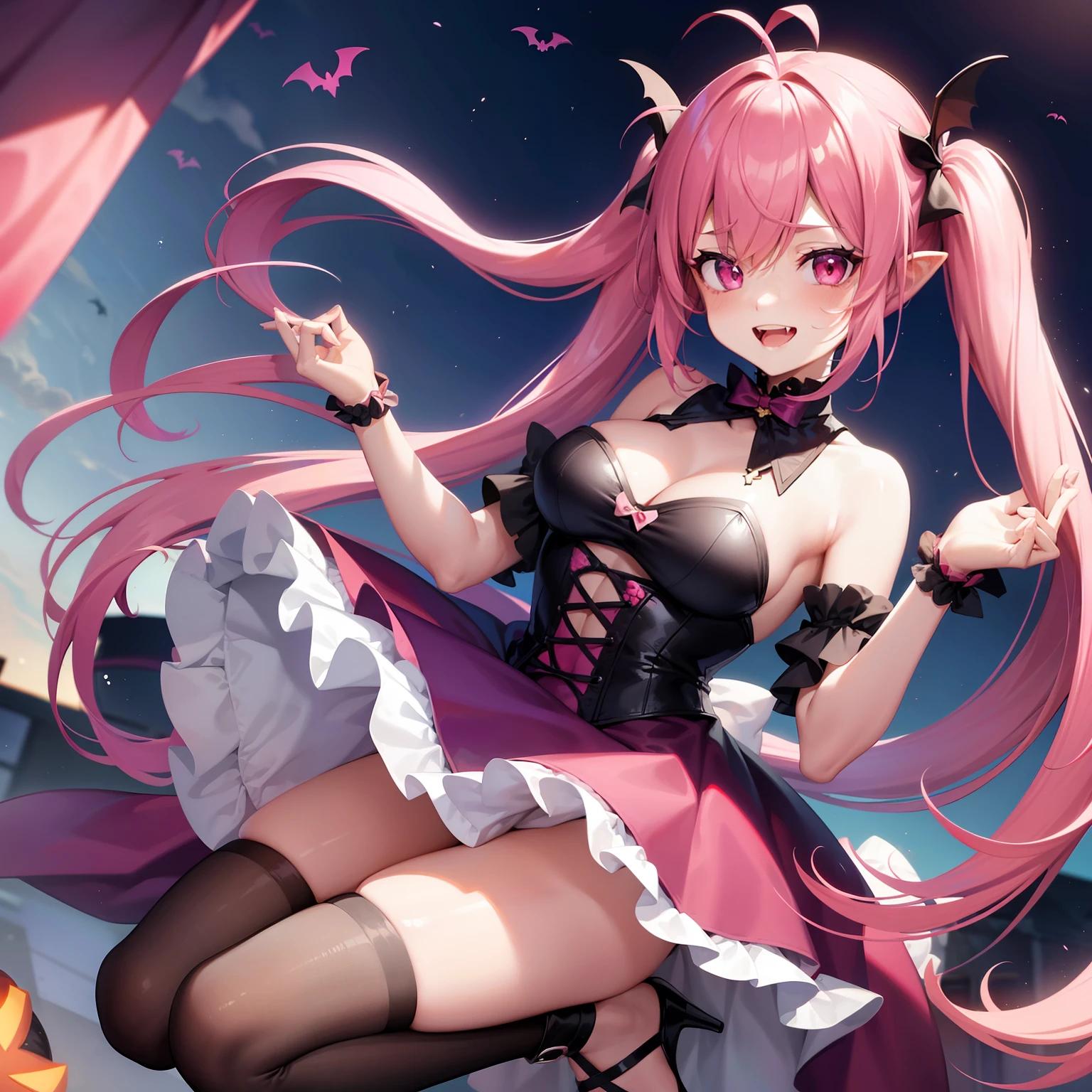 One girl、full body Esbian、teeth showing、vampire teeth、A smile、{hairstyle on:（Pink hair)、(Twin-tailed),(Antenna Hair)}、Pink eyes、Succubus、frills skirt、high-heels、Halloween、Front perspective