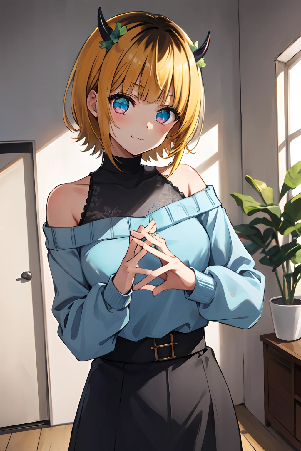 1girl in, MEMcho, Blonde hair, Blue eyes, Blunt bangs, Demon Horns, fake horns, Horns, Short hair,
BREAK bare shoulders, Black skirt, (Blue sweater:1.5), Long sleeves, off shoulders, off-the-shoulder sweater, Puffy sleeves, Skirt, Sweaters, White ribbon, Standing,
Blake House, windows, drapes, houseplant,
BREAK looking at viewer,
BREAK (masutepiece:1.2), Best Quality, High resolution, Unity 8k壁纸, (Illustration:0.8), (Beautiful detailed eyes:1.6), extra detailed face, Perfect Lighting, extremely details CG, (Perfect hands, Perfect Anatomy)