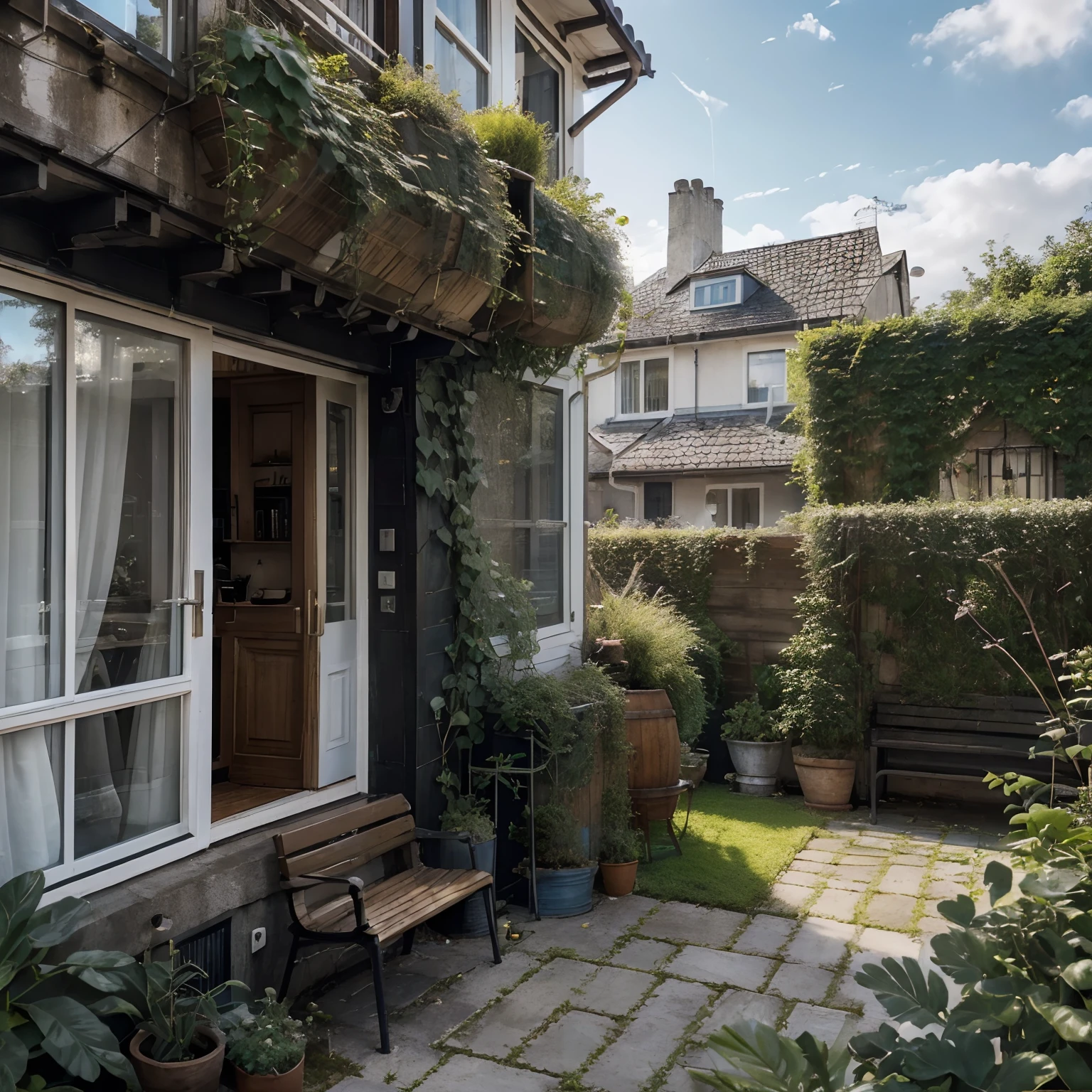 (Micro-land space:1.5),(best quality),((mastenpiece)),(highres),illustration,orginal,extremely,detailed wallparper,no humans,window,scenry,pland,water,potted pland,out doors,building,door,house,flower,table,stairs,water mark,hat,tree,sunlight,pond,grass,indoors,reflection,lamp,balcony,black head wear,bush,sky,railing,desk,open window,shelf,leat,book,wed address,copy right names,ladder,architecture,shadow,solo,dated,vines,vase,city,cafe,lantern,bucket,ruins,bench,shop,signature,moss,boat,barrel,river
