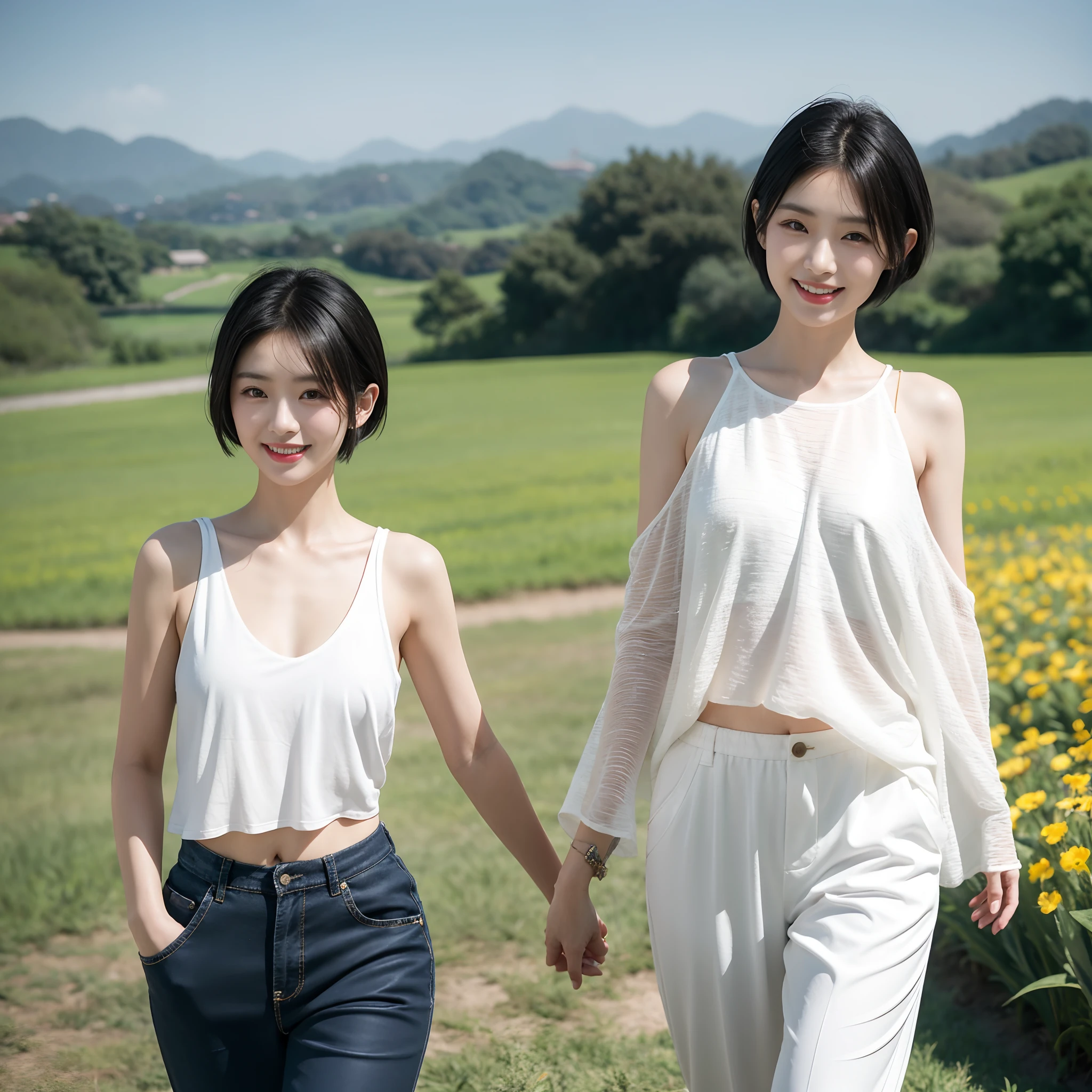 Chinese women, with short black hair, White leaky shoulder top, casual pants, Walk the fields, happy grin, Short hair fluttering, Elegant details, Physical sky, Gradient sunlight, UHD, best quality, masterpiece, high quality, award winning, textured skin