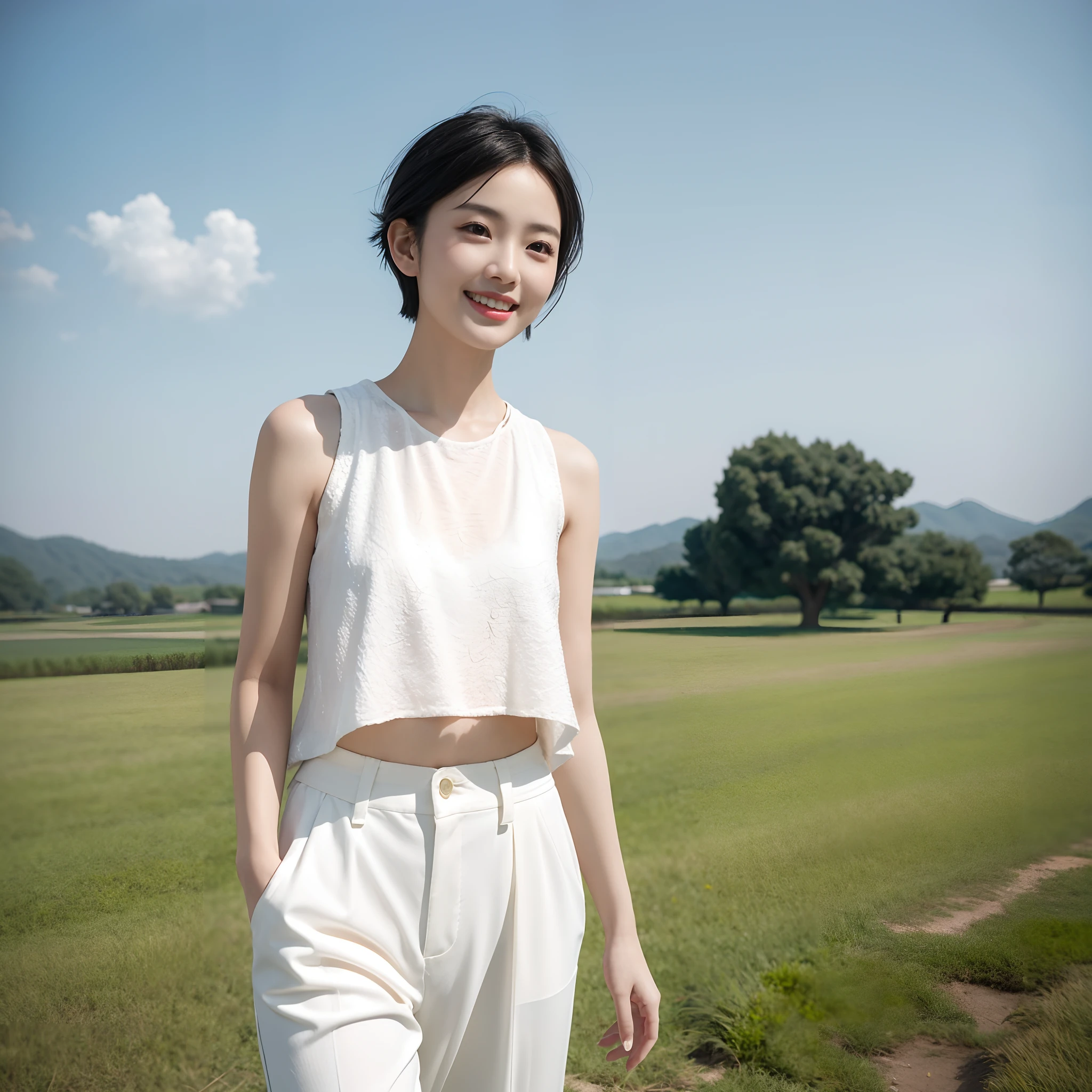 Chinese women, with short black hair, White leaky shoulder top, casual pants, Walk the fields, happy grin, Short hair fluttering, Elegant details, Physical sky, Gradient sunlight, UHD, best quality, masterpiece, high quality, award winning, textured skin