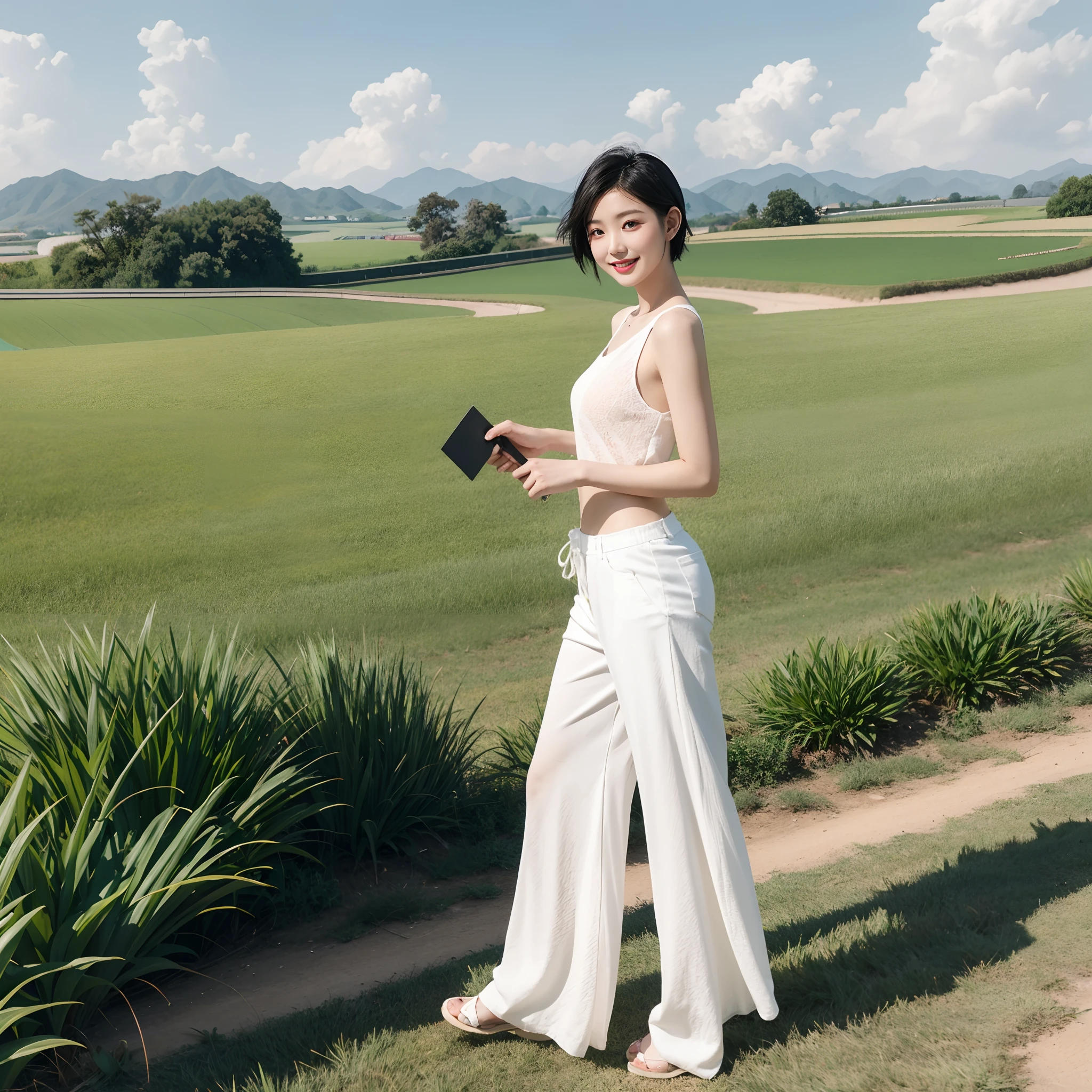Chinese women, with short black hair, White leaky shoulder top, casual pants, Walk the fields, happy grin, Short hair fluttering, Elegant details, Physical sky, Gradient sunlight, UHD, best quality, masterpiece, high quality, award winning, textured skin