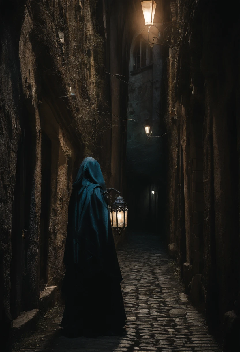 In the dimly lit alleys of an old European town, weathered, Ornate street lamps cast a warm glow on the cobblestone paths. fille solitaire,scantily clad,grand buste,with piercing green eyes, It's perched on mossy stone walls, Gazing intensely at a mysterious character, Hooded Cloak Act, Carrying a lantern that emits a strange blue light. The narrow alleys are lined with old alleys, Ruined buildings, Their windows are decorated with colourful flower boxes. au loin, A faint sound of beautiful music escaped from the open window, la femme regarde l'objectif de la photo