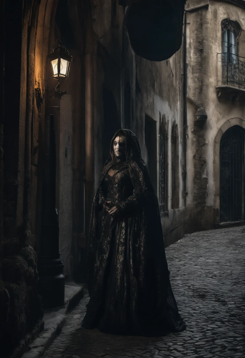 In the dimly lit alleys of an old European town, weathered, Ornate street lamps cast a warm glow on the cobblestone paths. fille solitaire,scantily clad,grand buste,with piercing green eyes, It's perched on mossy stone walls, Gazing intensely at a mysterious character, Hooded Cloak Act, Carrying a lantern that emits a strange blue light. The narrow alleys are lined with old alleys, Ruined buildings, Their windows are decorated with colourful flower boxes. au loin, A faint sound of beautiful music escaped from the open window, la femme regarde l'objectif de la photo