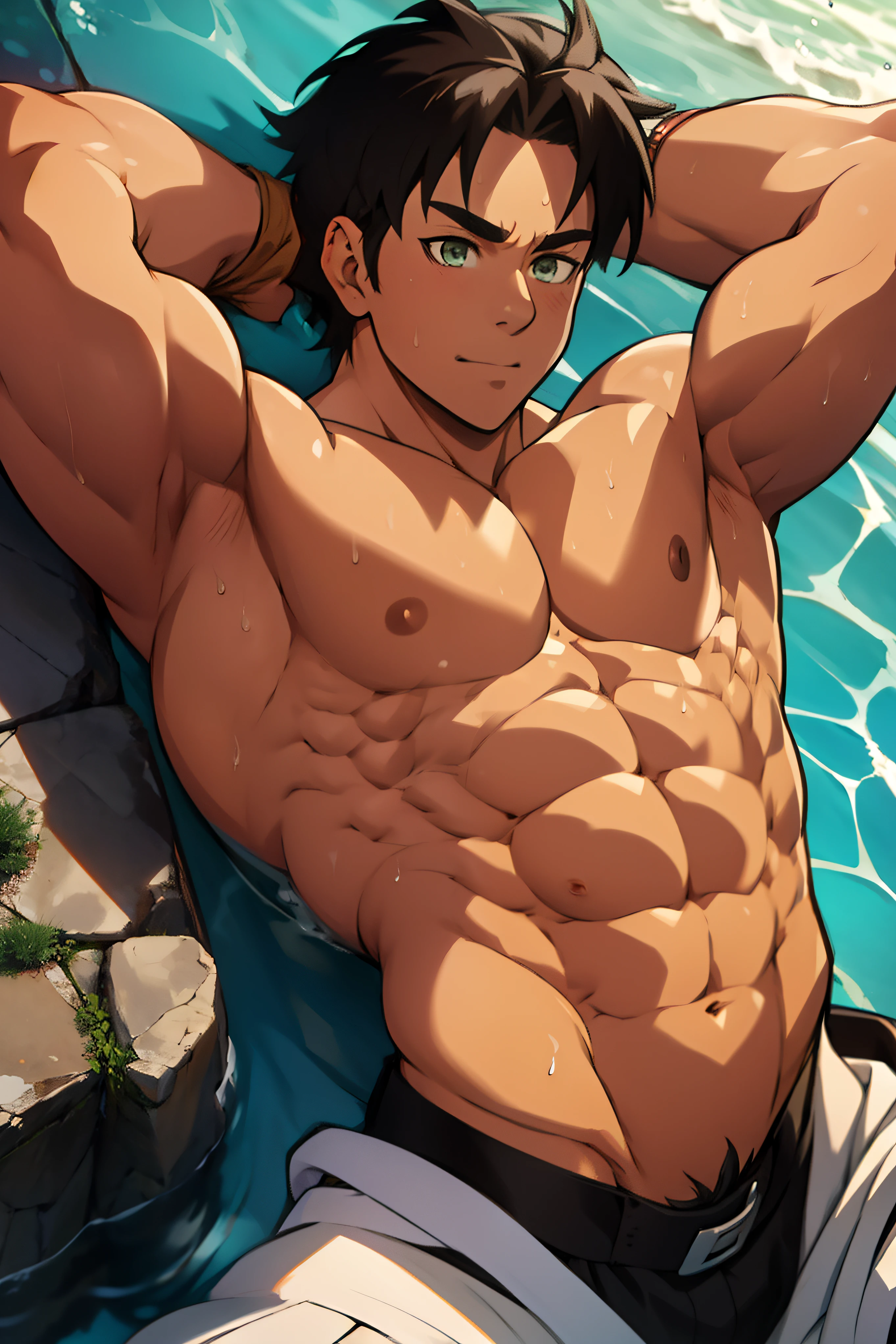 ( The photo of the girl and the boy lying embracing each other )[ A cute Girl , wear cheongsam, White, black hair, was lying next to the guy,hug the guy ] and[a boy( Huge and muscular thigh muscles) lots of sweat flowing down, topless, sunny, shiny skin, tanned skin,bodybuilder, huge body,huge, sexy muscular body,super giant body, muscles exploding and muscular,huge, muscular chest muscles, huge, muscular biceps,cute baby face, lying down]