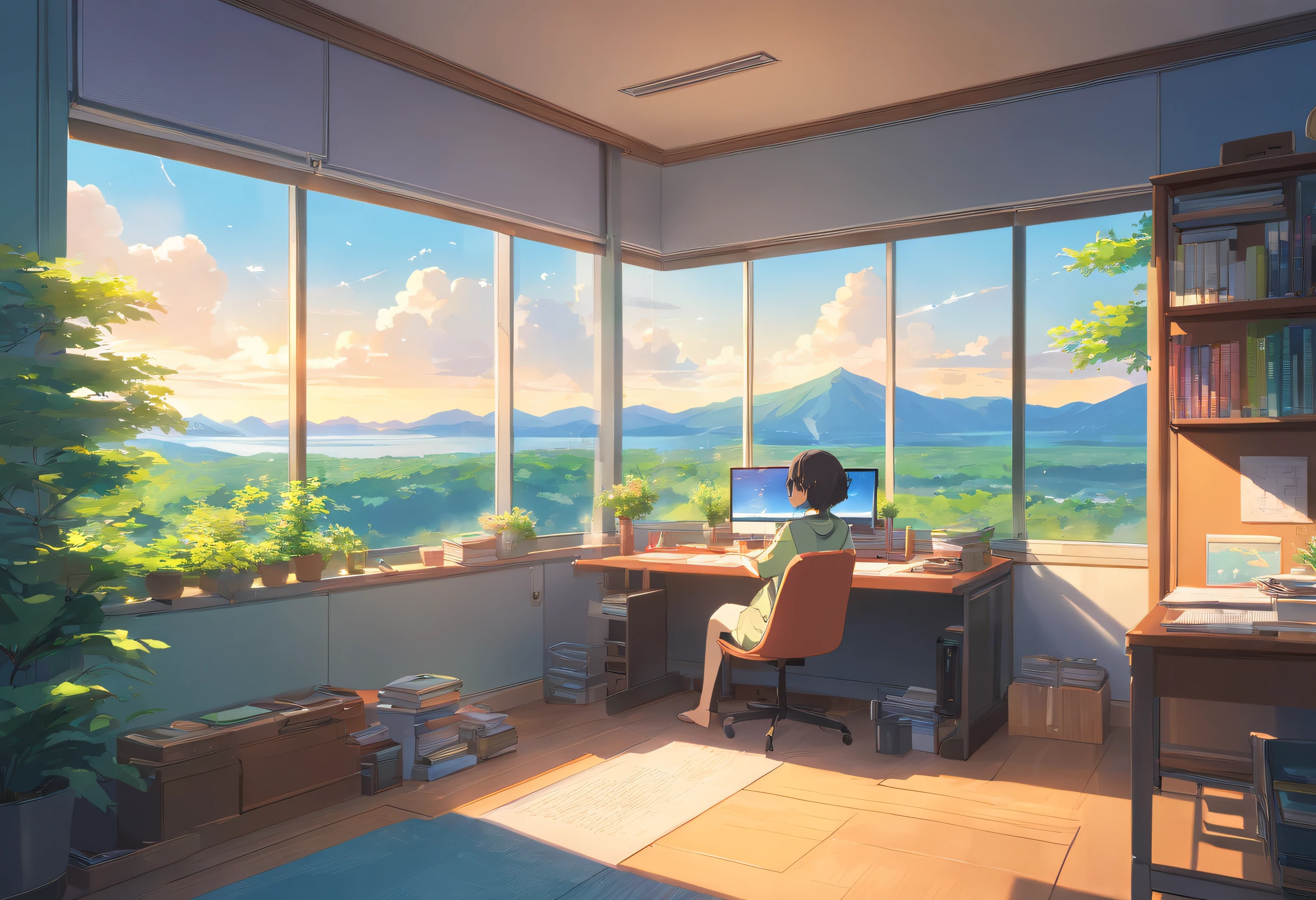 No human, Study in the room, Cozy study desk, Large windows overlooking beautiful nature views, (Gaze at the scenery), Floral notes
