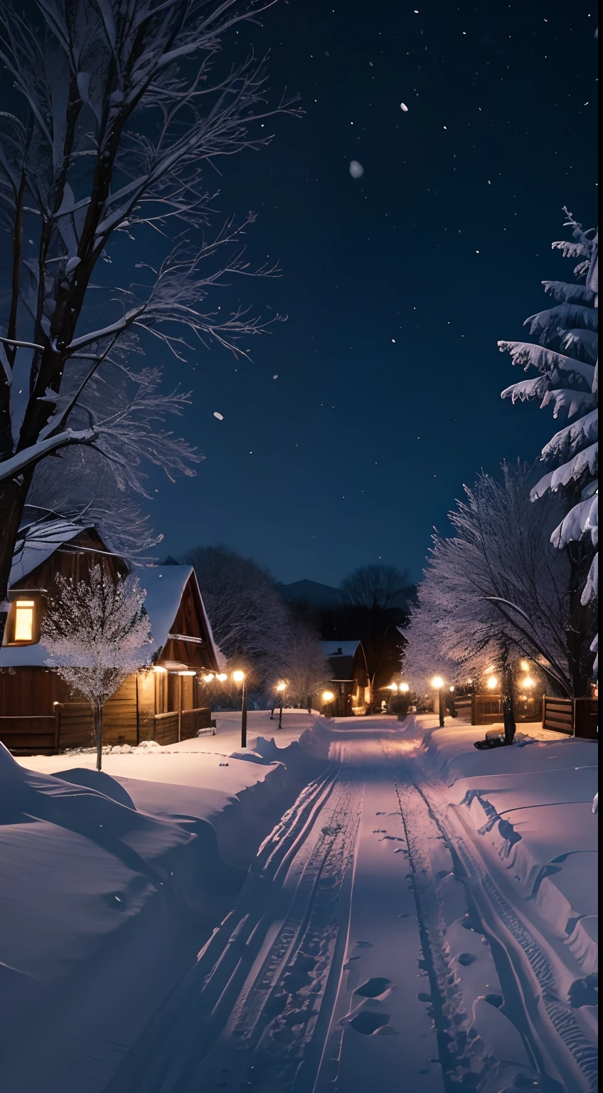 the night, quaint village, Snow hangs from trees, first person perspective