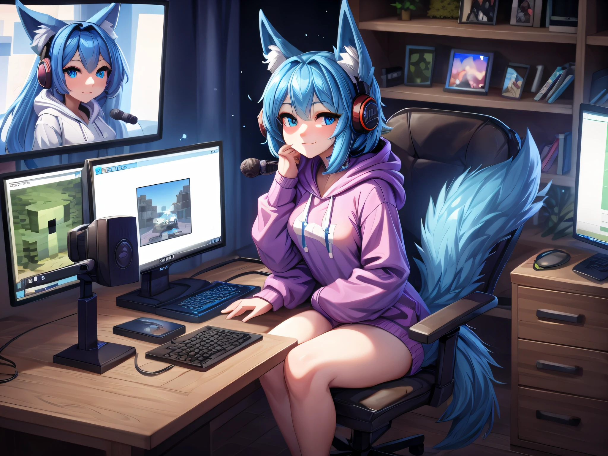 (Masterpiece) (High Detail) (High Res) A short humanoid girl with pale human skin and blue eyes and long blue hair and blue dog ears and a big fluffy dog tail and small breasts is sat at her PC computer playing video games. She is a twitch streamer and is streaming her games. Webcam, Microphone on microphone stand, large desk chair, headphones, stream deck, large lights, looking away from viewer. Wearing a Green Minecraft hoodie.