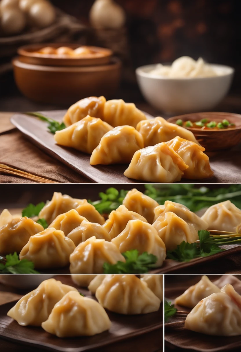 Commercial shooting, Cantonese egg yolk Mixed meat dumplings, Mixed meat dumplings size, poster for, Fresh style background, elegant, Booth lighting, Attractive, photorealistic colors, Ultra HD
