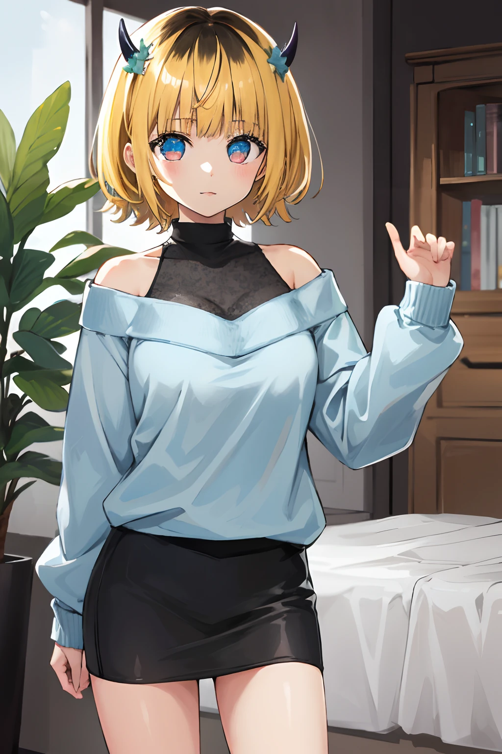 1girl in, MEMcho, Blonde hair, Blue eyes, Blunt bangs, Demon Horns, fake horns, Horns, Short hair,
BREAK bare shoulders, Black skirt, (Blue sweater:1.5), Long sleeves, off shoulders, off-the-shoulder sweater, Puffy sleeves, Skirt, Sweaters, White ribbon, Standing,
Blake House, windows, drapes, houseplant,
BREAK looking at viewer,
BREAK (masutepiece:1.2), Best Quality, High resolution, Unity 8k壁纸, (Illustration:0.8), (Beautiful detailed eyes:1.6), extra detailed face, Perfect Lighting, extremely details CG, (Perfect hands, Perfect Anatomy)