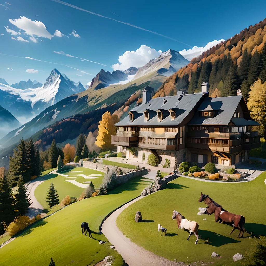 A beautiful mountaintop mansion in the Swiss Alps with racehorses and modern cars --auto --s2